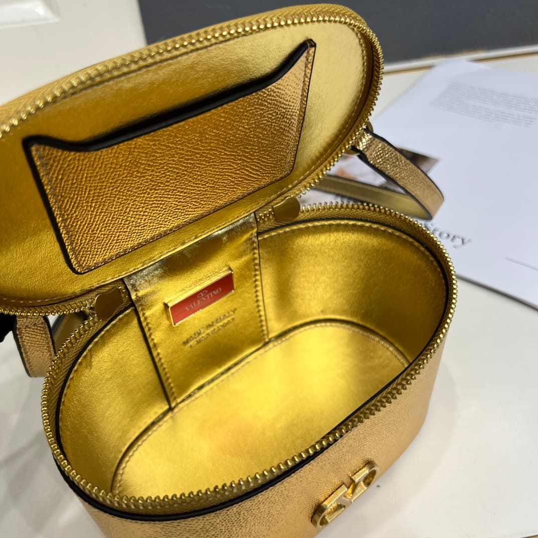 Valentino Garavani VLogo Signature Mini Vanity Bag in Gold Calfskin Mid