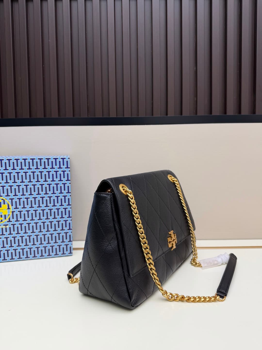 Tory Burch Charlie Quilted Shoulder Bag Black Pebbled leather High