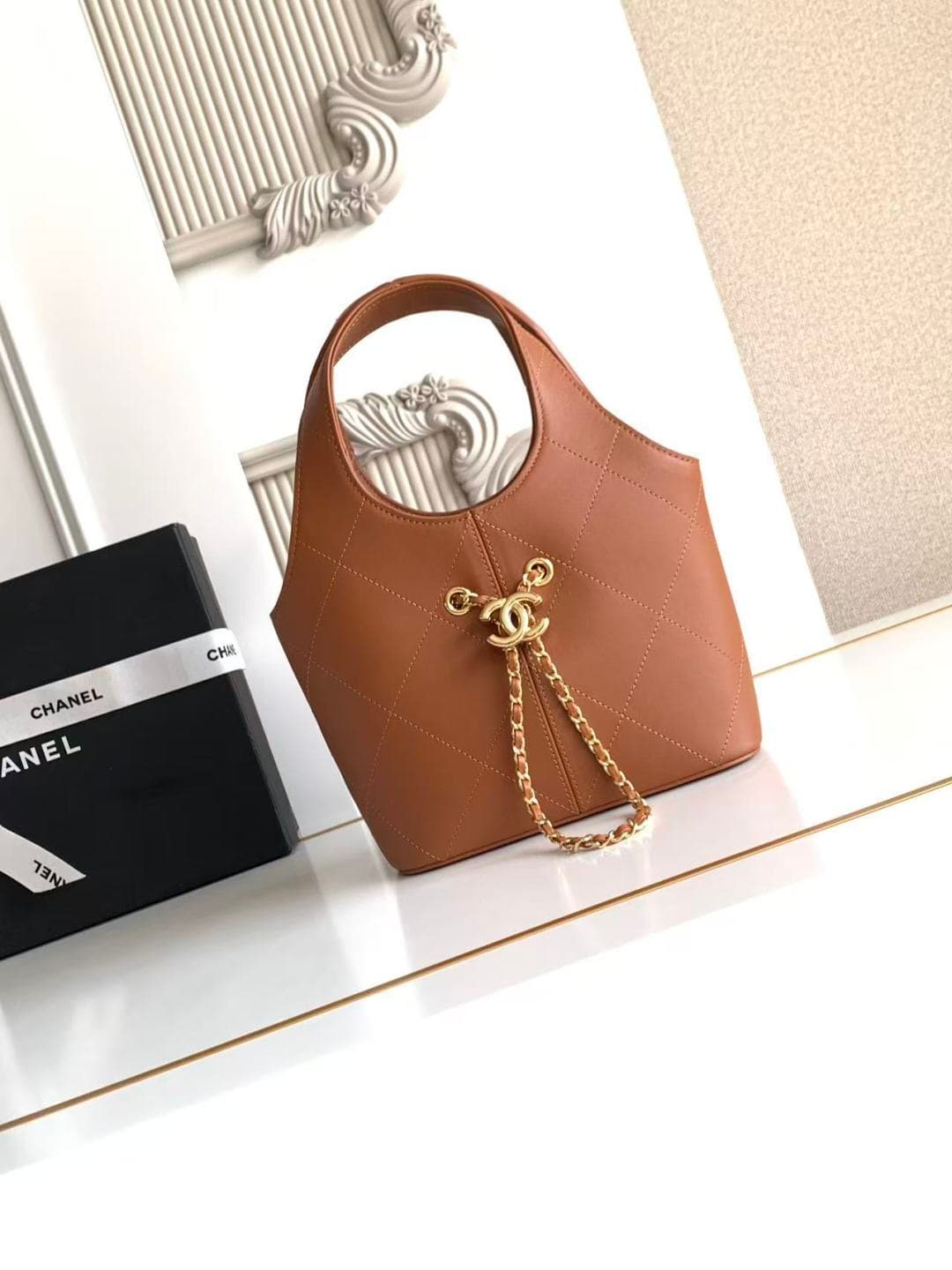 Chanel Small Shopping Bag Brown Leather & Gold-Tone Metal AS6132 A