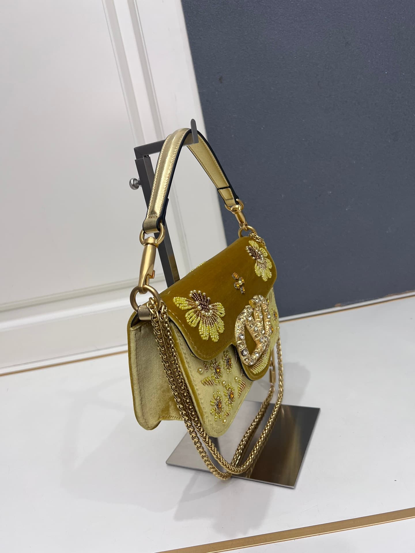 Valentino Garavani DeVain Embroidered Velvet Shoulder Bag Mid