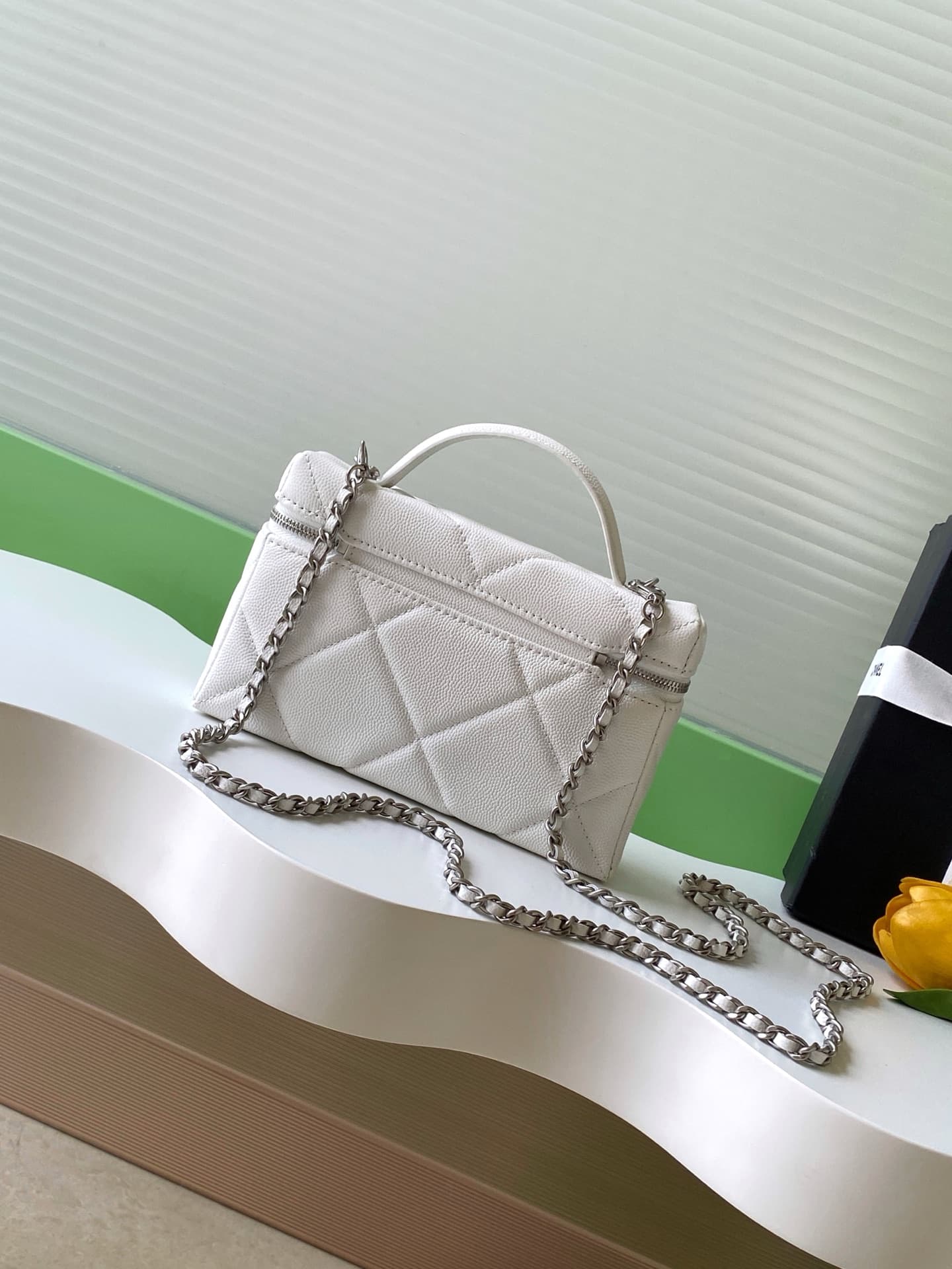 Chanel Vanity with Chain Grained Shiny Calfskin & Silver-Tone Metal White AP4936 A
