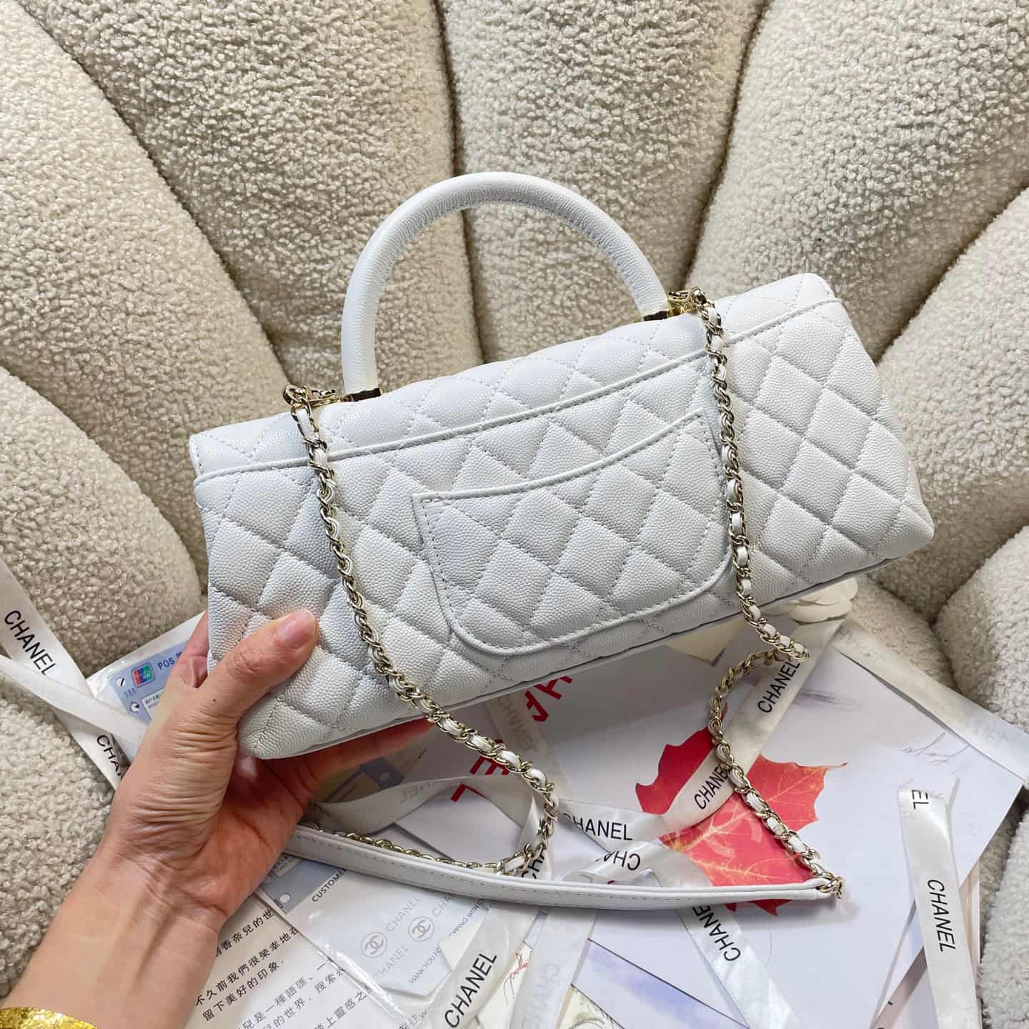 Chanel Maxi Flap Bag with Top Handle Grained Calfskin& Gold-Tone Metal AS6091 White A