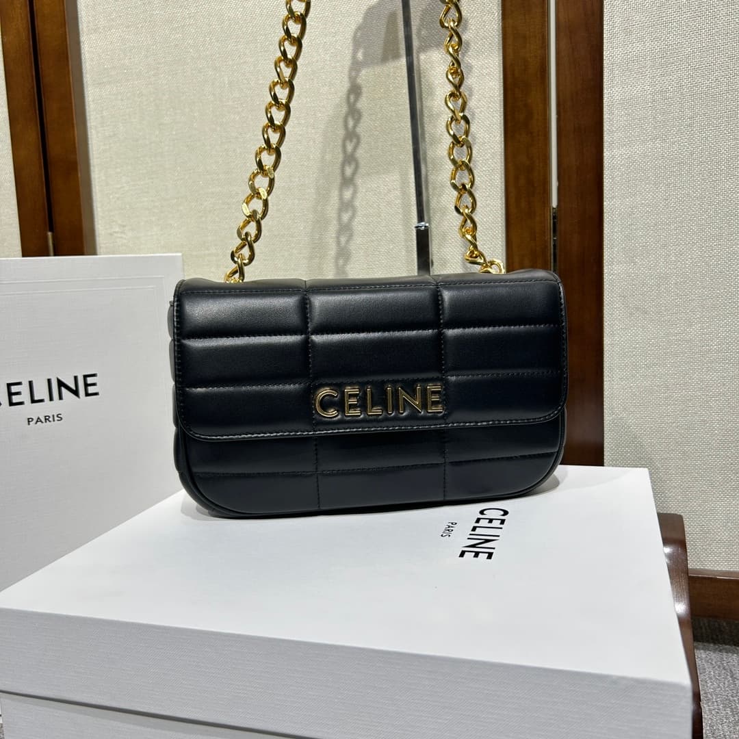 Celine Matelasse Monochrome Chain Shoulder Bag Black High