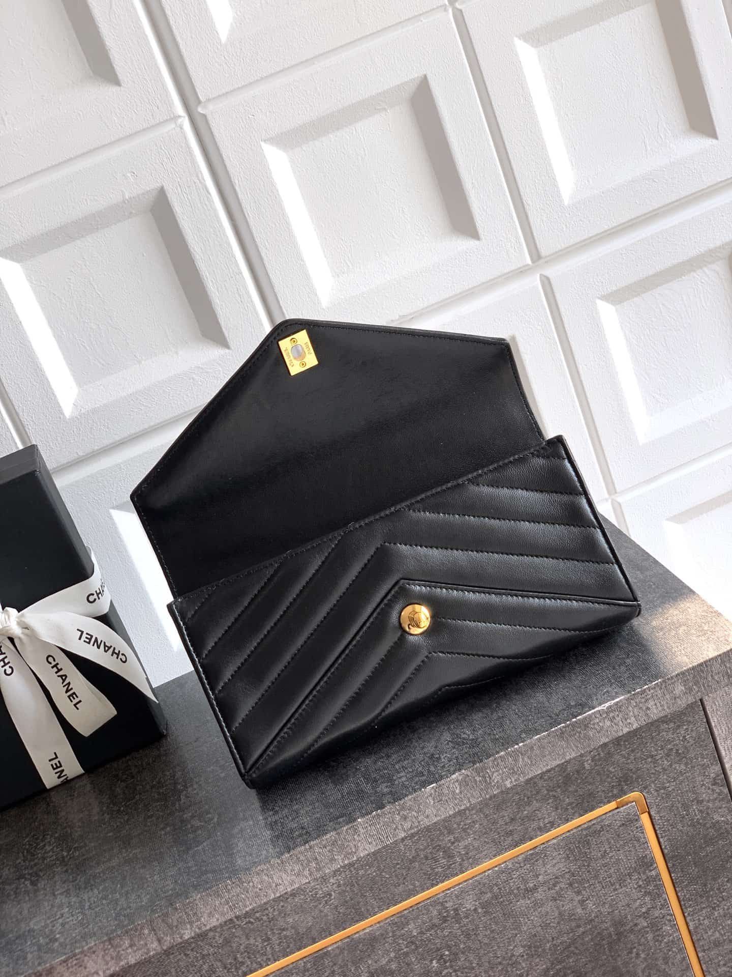 Chanel Flap Bag with Top Handle Chevron Lambskin& Gold-Tone Metal Black AS6044 A
