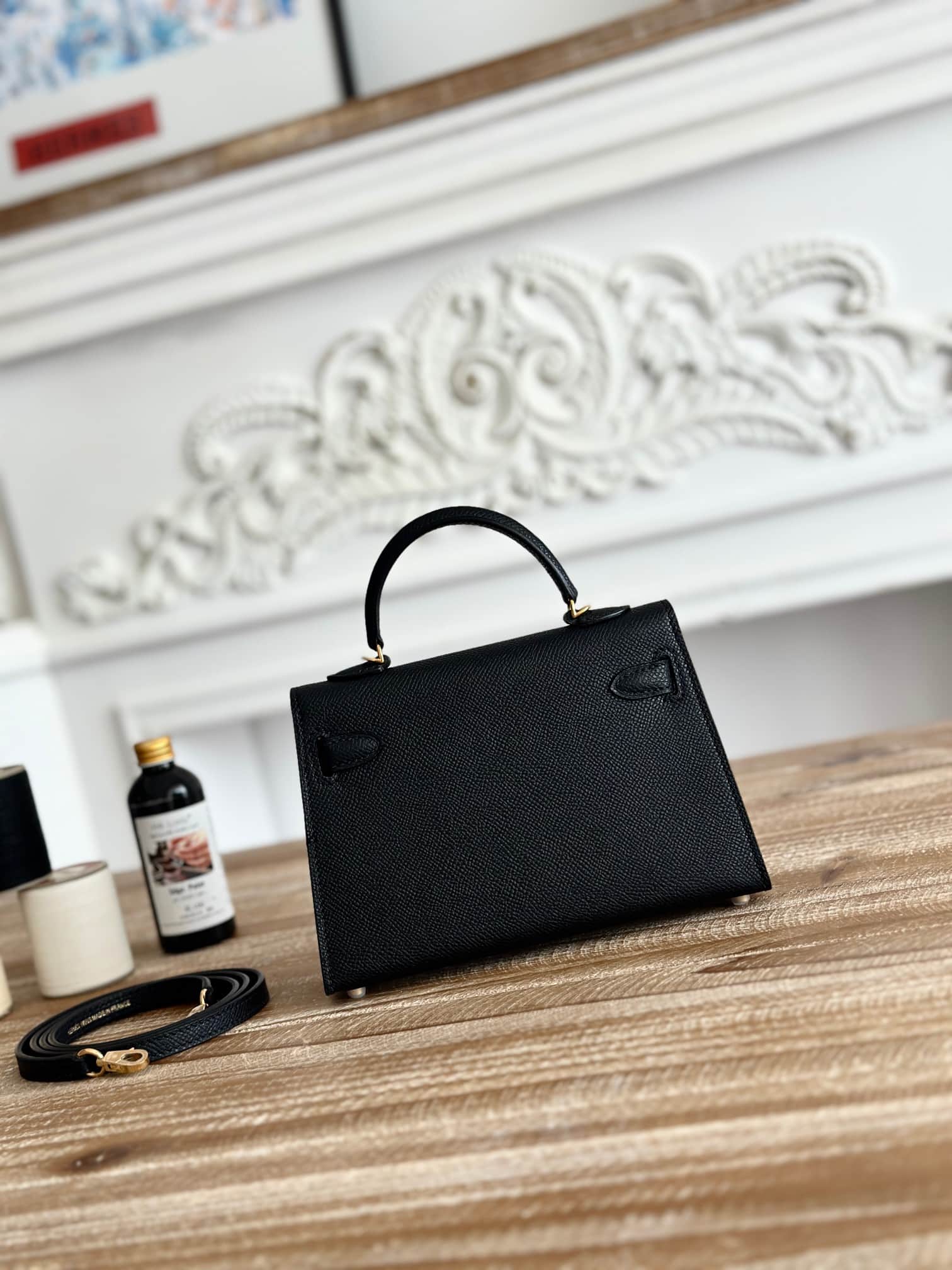 Hermes Kelly Mini II Bag Epsom Leather WAX Silver/Gold Metal Black High