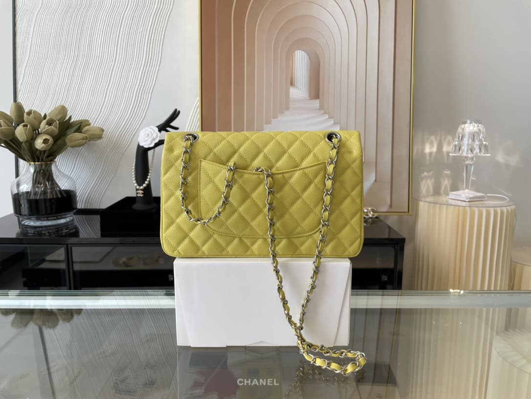 Medium CLASSIC HANDBAG Grained Calfskin Yellow Silver Metal A
