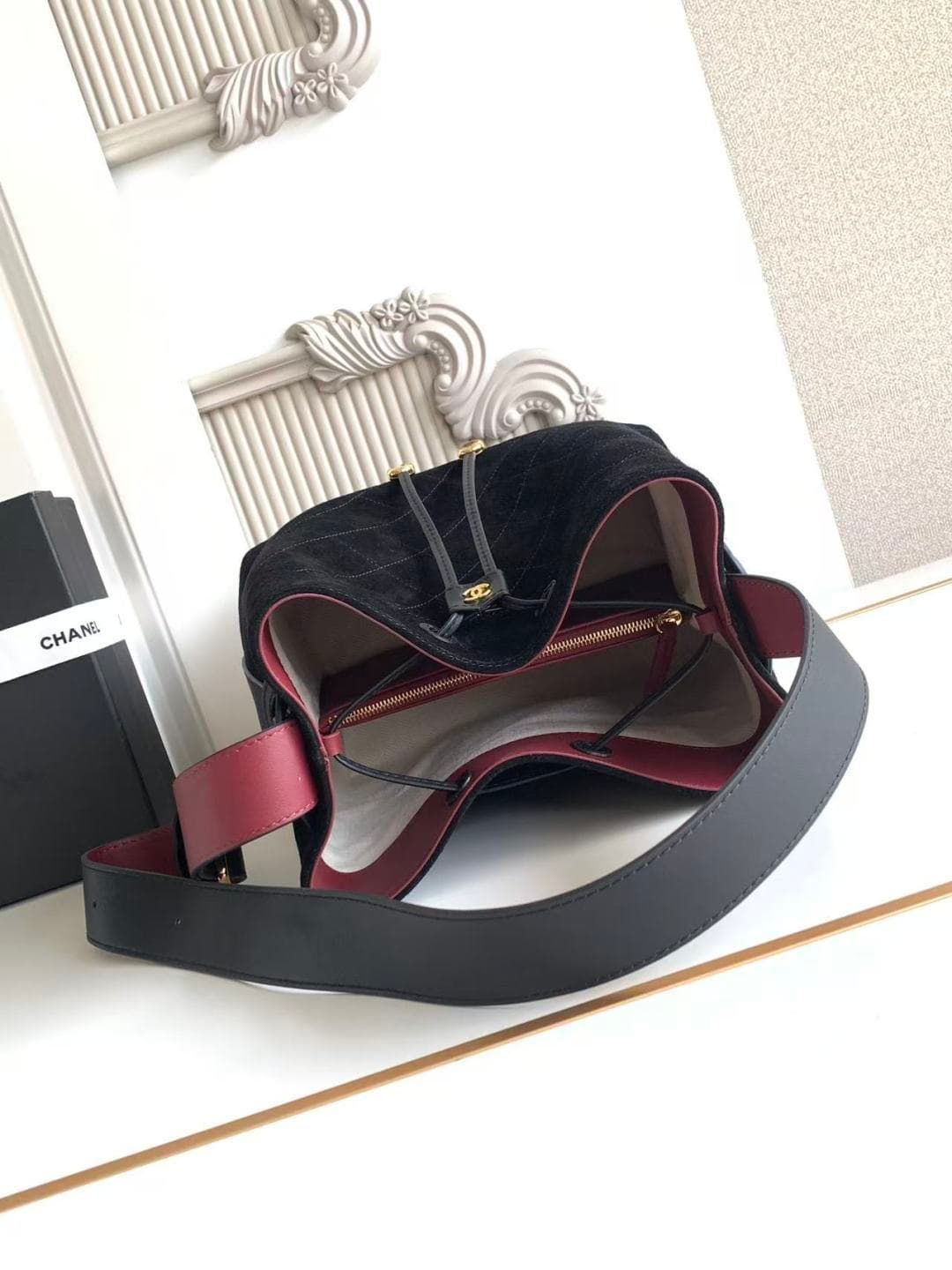 Chanel Small Bucket Bag Suede Calfskin & Gold-Tone Metal Black AS6584 A
