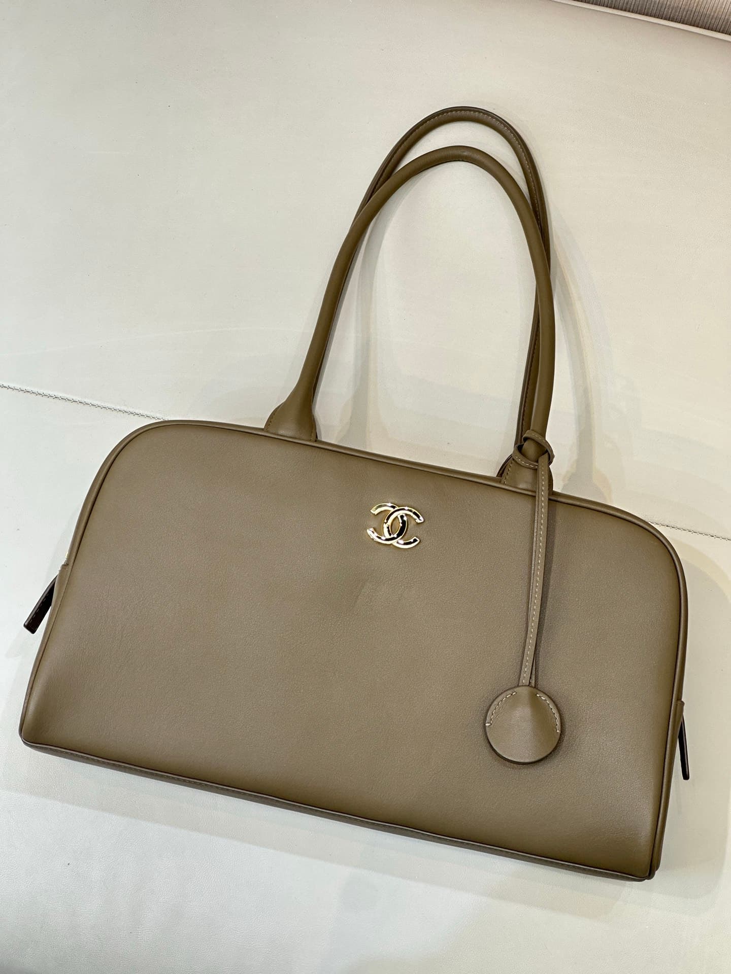 Chanel Large Bowling Bag Calfskin & Gold-Tone Metal Khaki Green AS6211 TOP