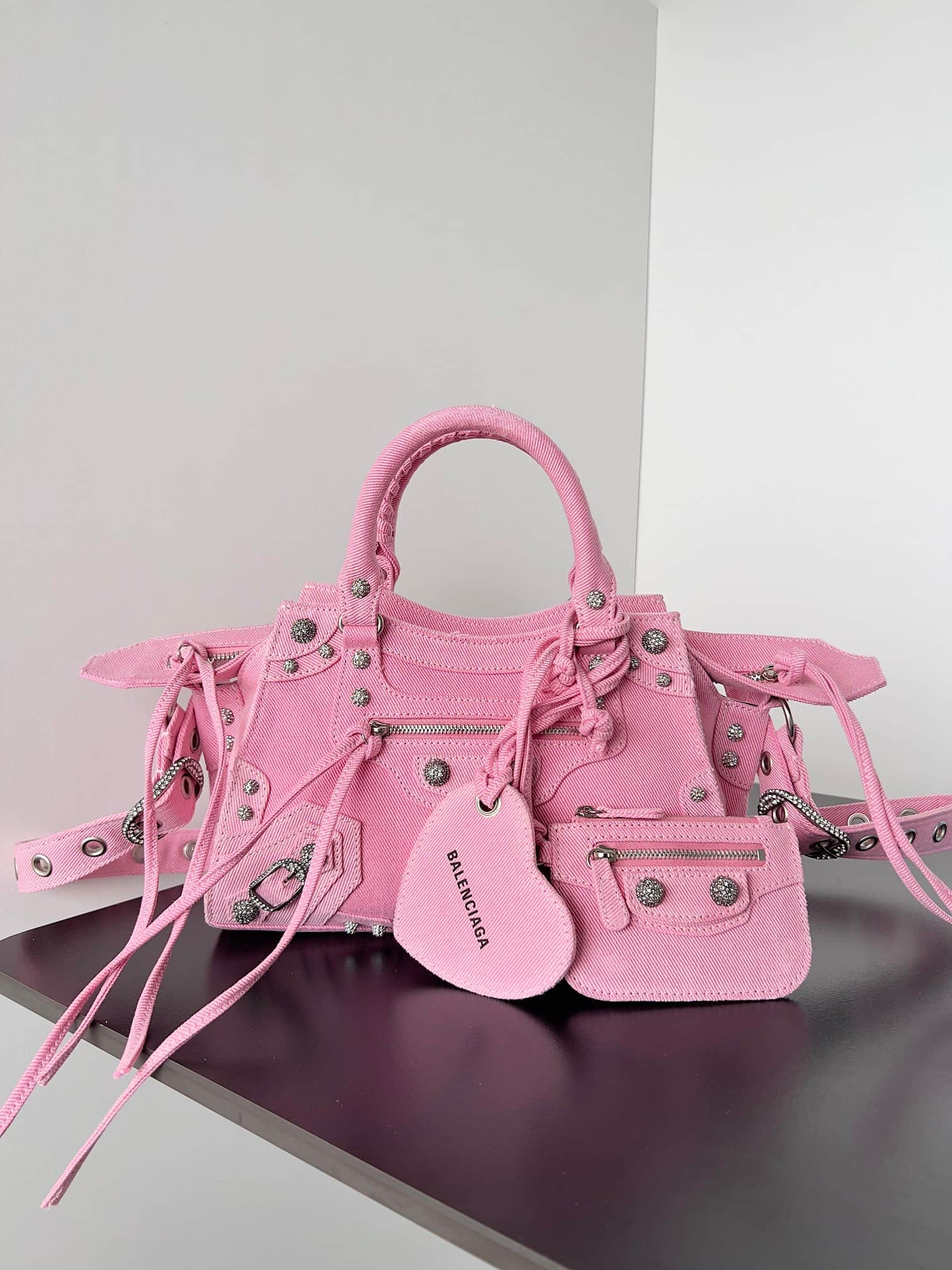 Balenciaga Small Neo Cagole City bag in Pink Washed Frayed Denim with crystal High