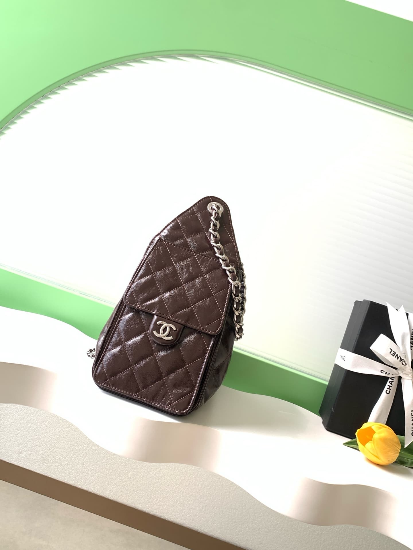 Chanel 25 Small Hobo handbag AS5293 Shiny calfskin&Silver-tone metal Drak Brown A
