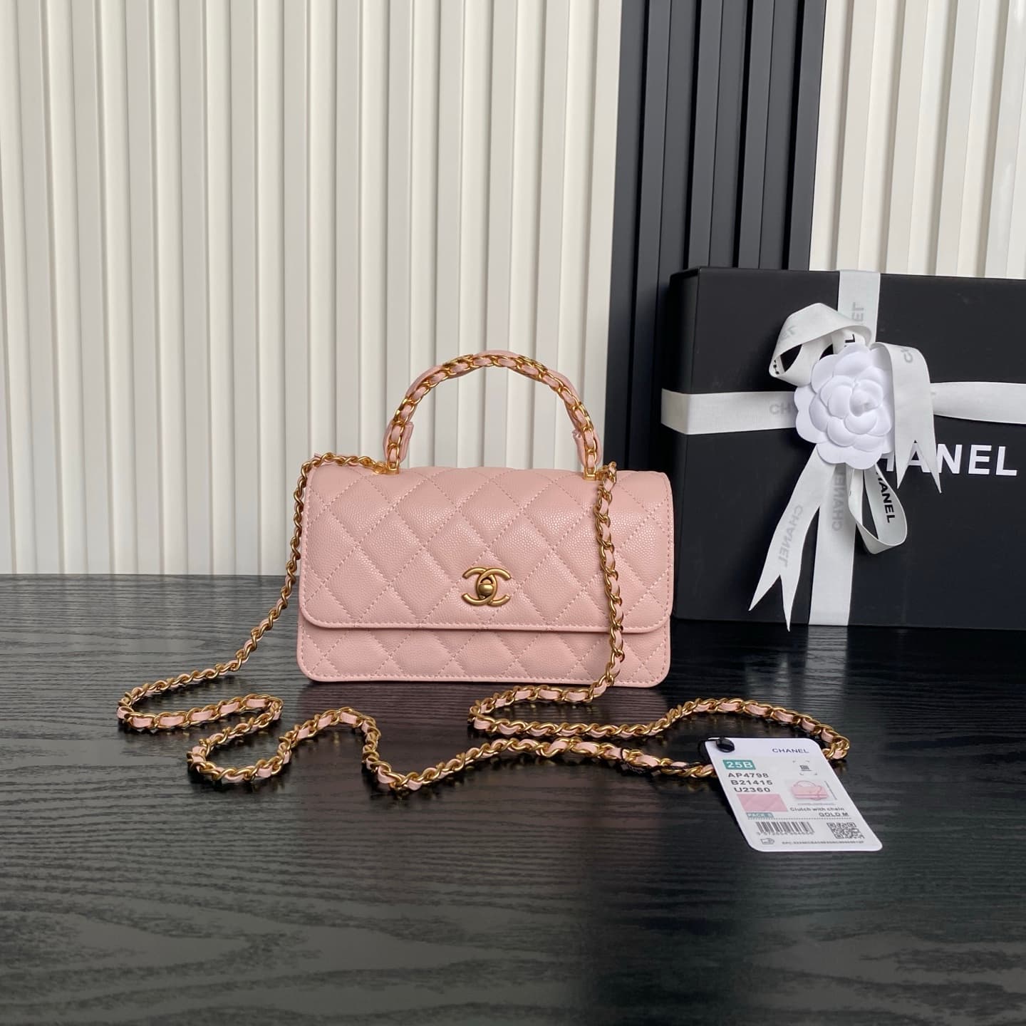 Chanel Mini Flap Bag with Top Handle Grained Shiny Calfskin & Gold-Tone Metal Pink AP4798 A