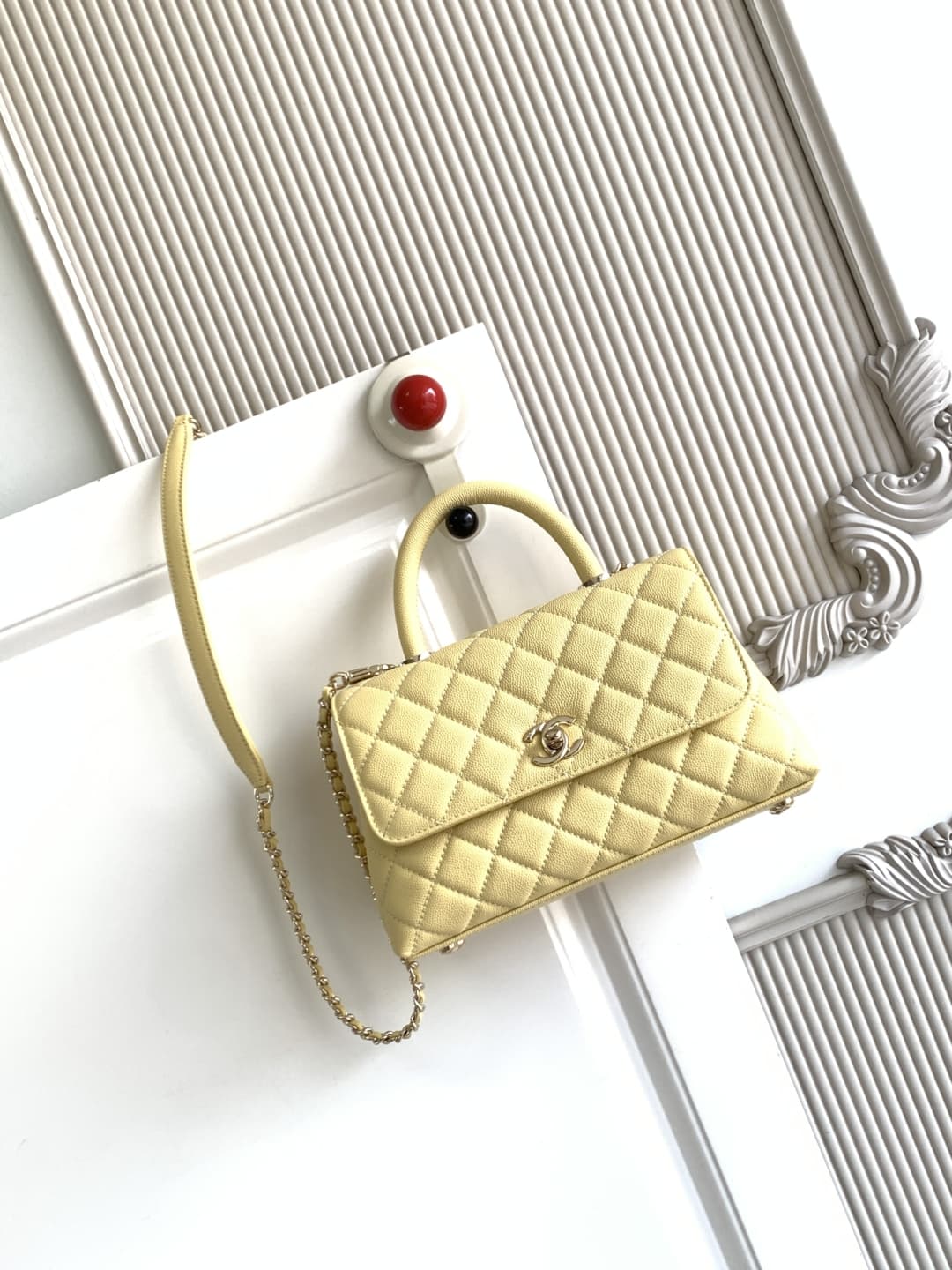 FLAP BAG WITH TOP HANDLE Grained Calfskin & Gold-Tone Metal A92990 Light-Yellow Binding A