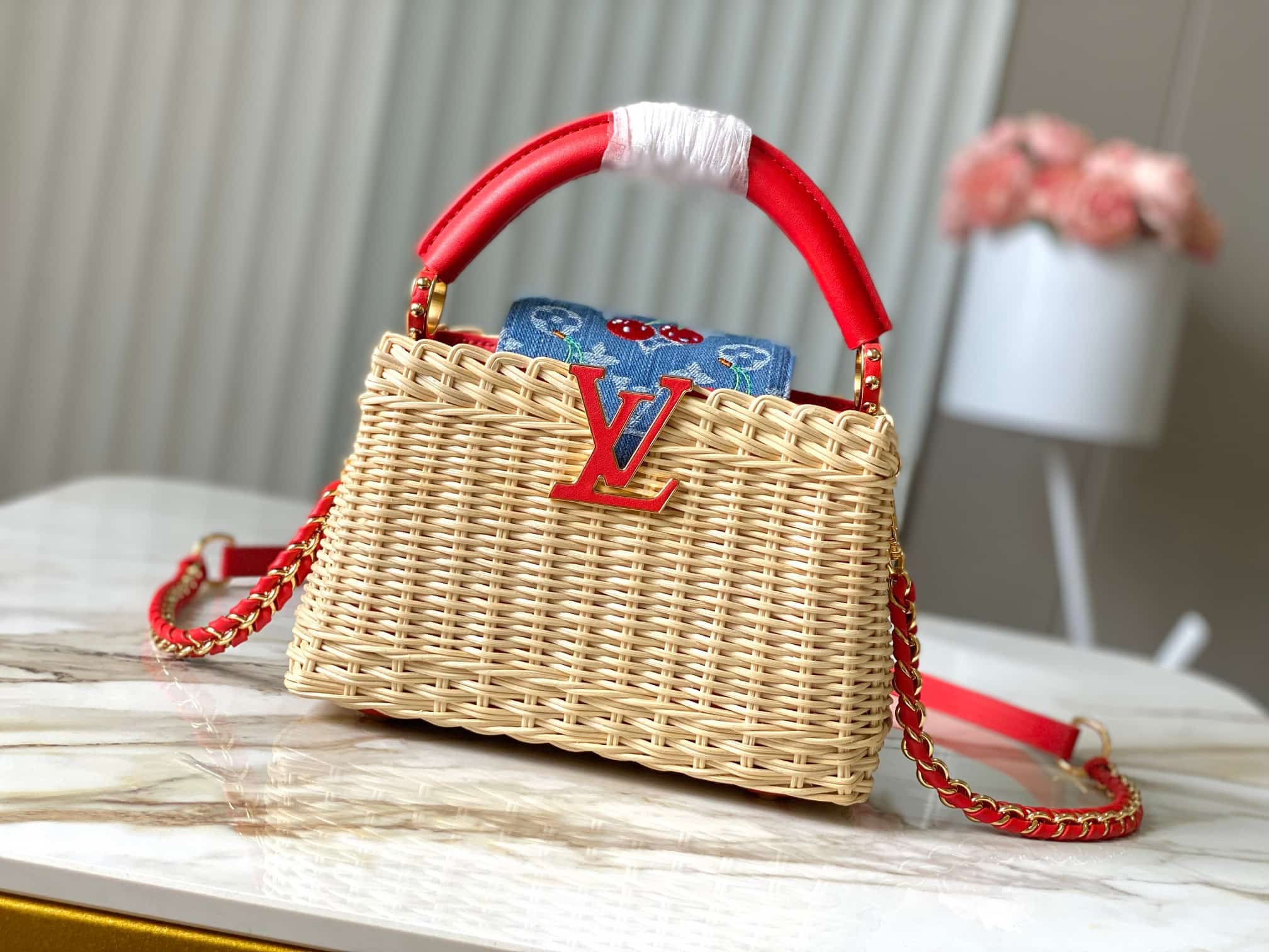 Louis Vuitton x Murakami Capucines Mini Rattan/Cowhide leather/Monogram cherry denim M14295 Top