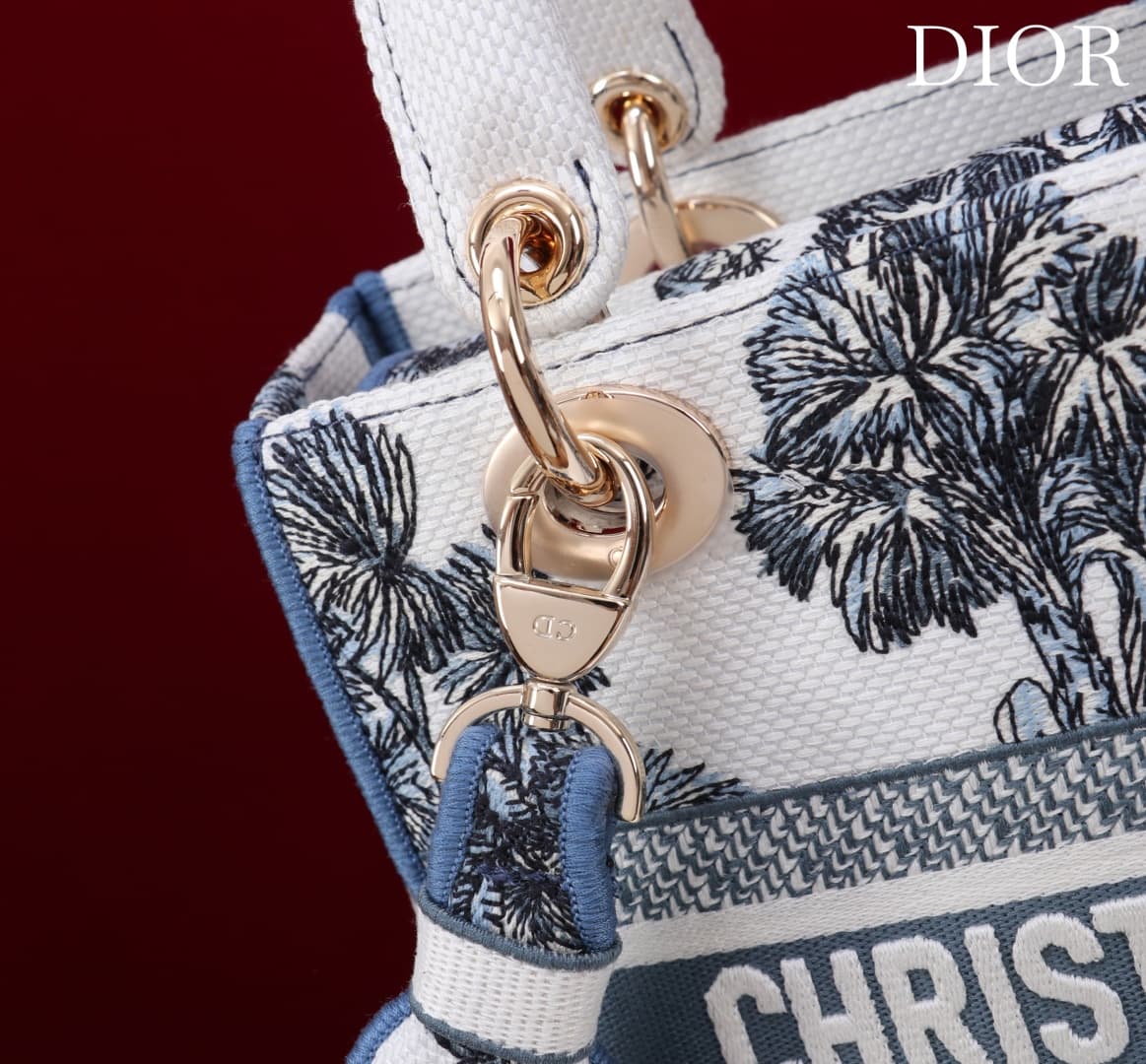 Medium Lady D-Lite Bag White and Blue Toile de Jouy Palms Embroidery High