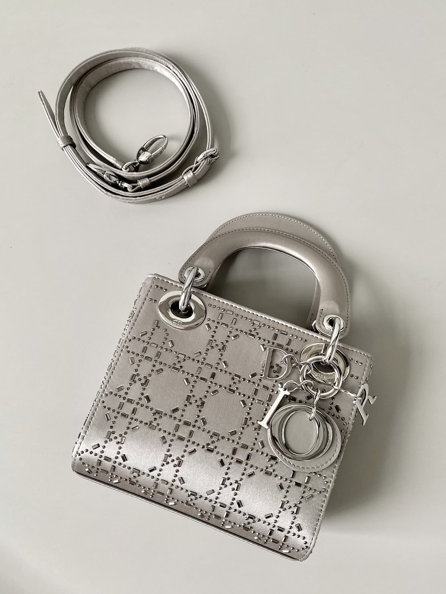 Christian Lady Dior Bag Mini Crystal Embellished Cannage Quilt Satin Grey High