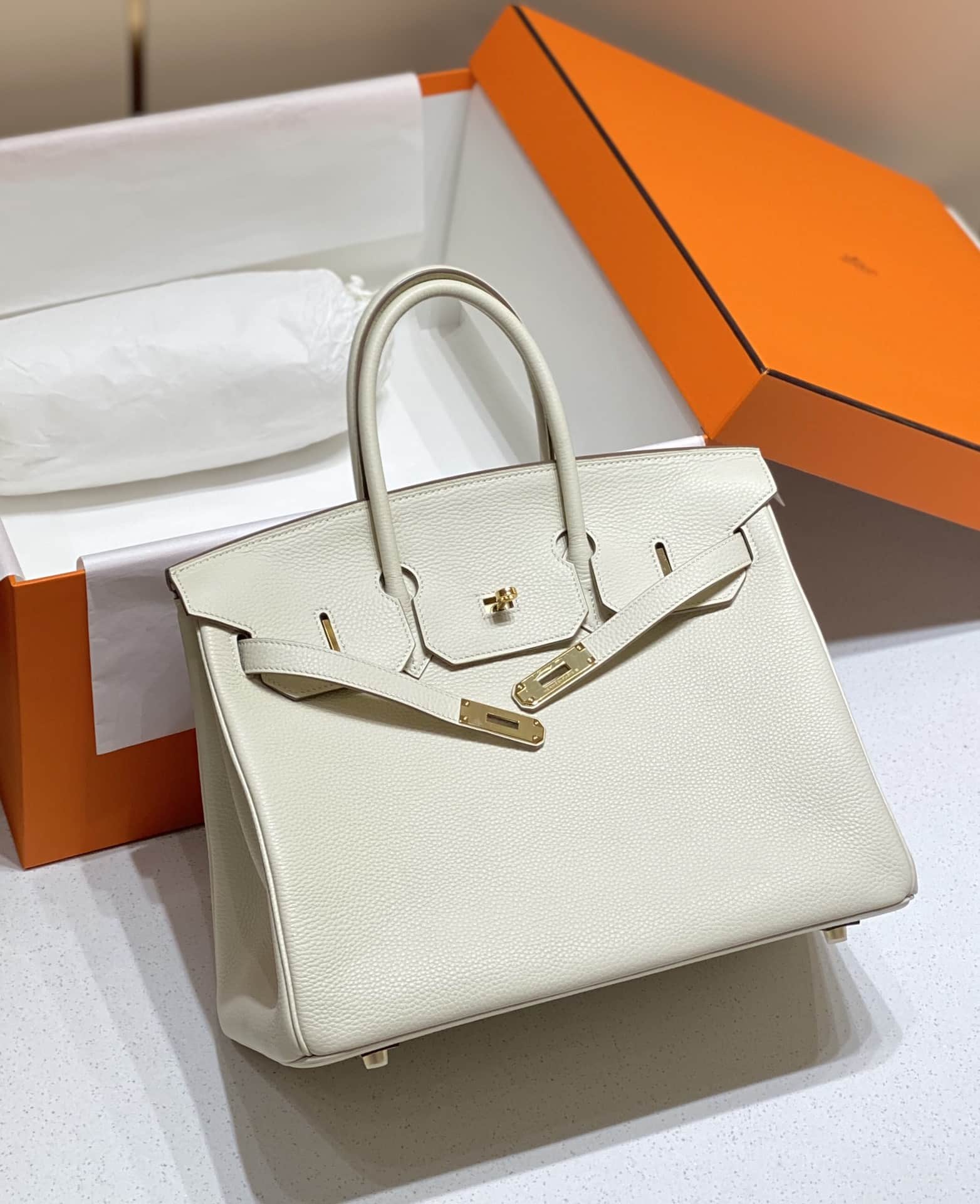 Hermes Birkin 25/30/35cm Bag Calfskin Silver/Gold Metal In Craie High