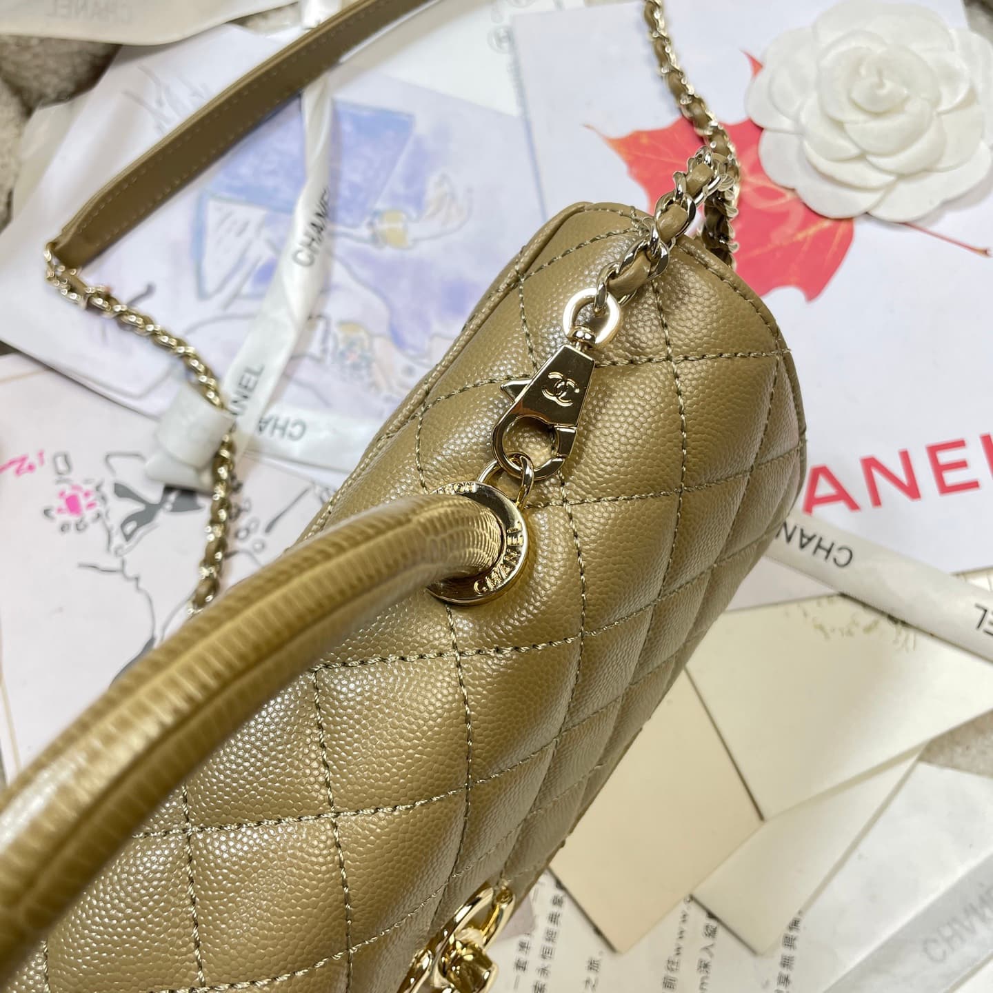 Chanel Maxi Flap Bag with Top Handle Grained Calfskin& Gold-Tone Metal AS6091 Dark Yellow A
