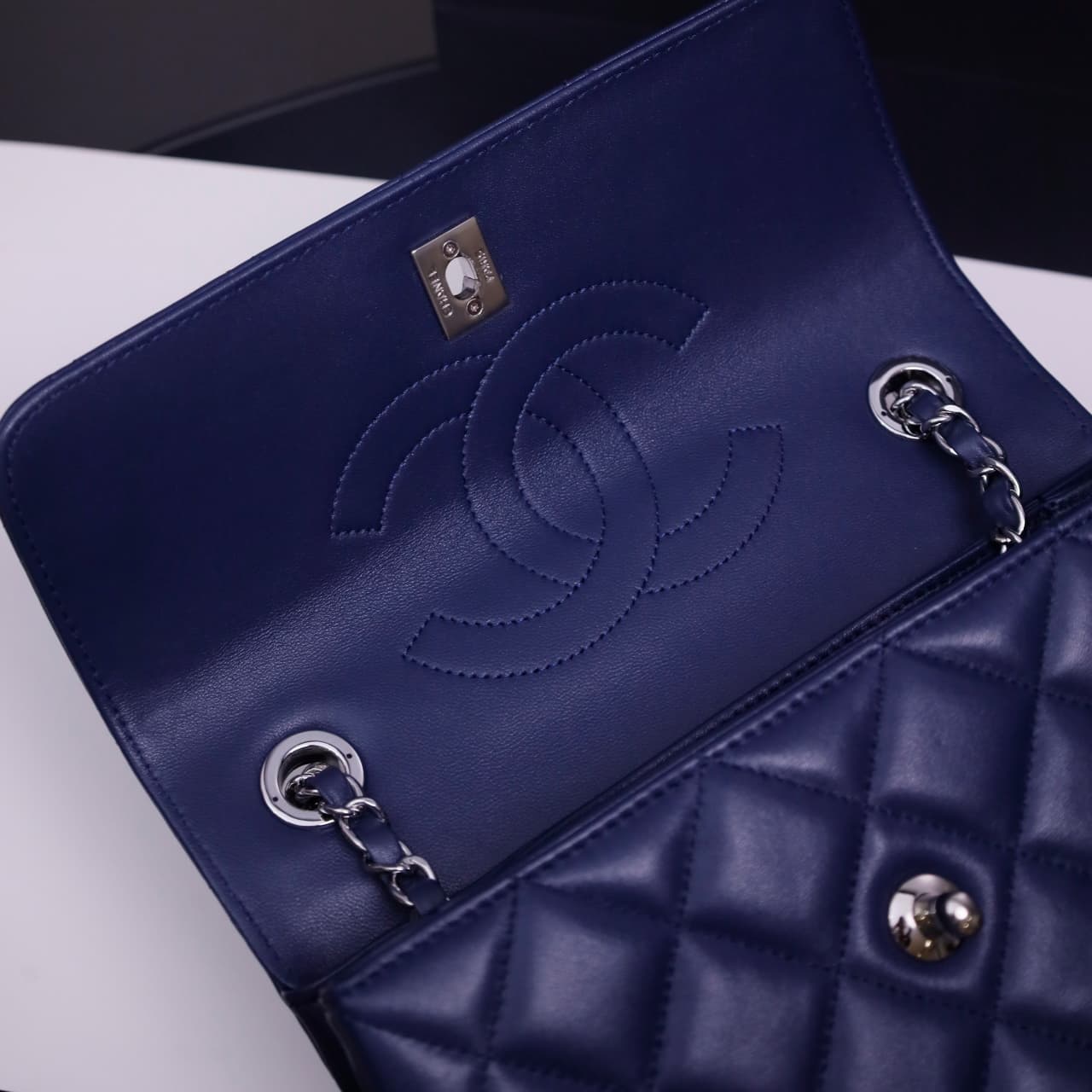 SMALL FLAP BAG WITH TOP HANDLE Lambskin Silver Metal Drak Blue A