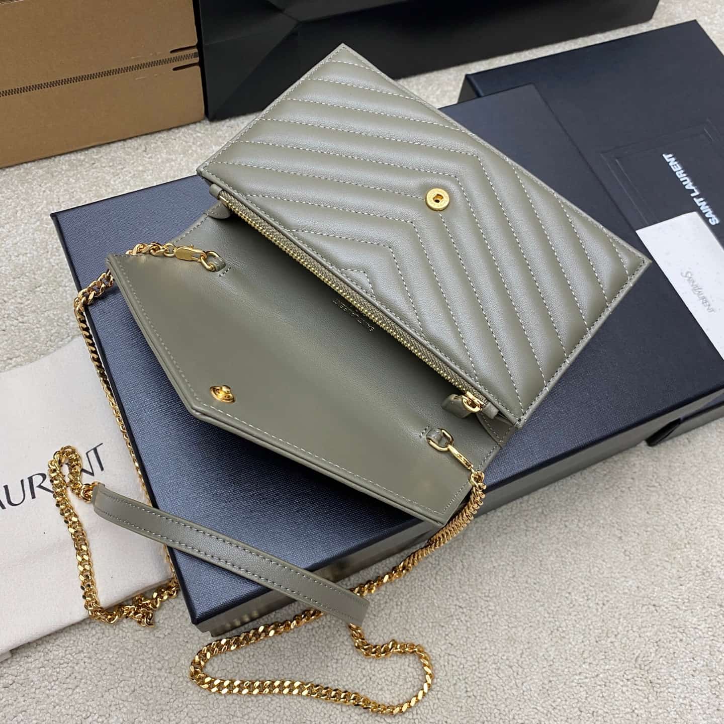 Saint Laurent Monogram Matelassé Cassandre Wallet on Chain Moss Green Lambskin 393953 High