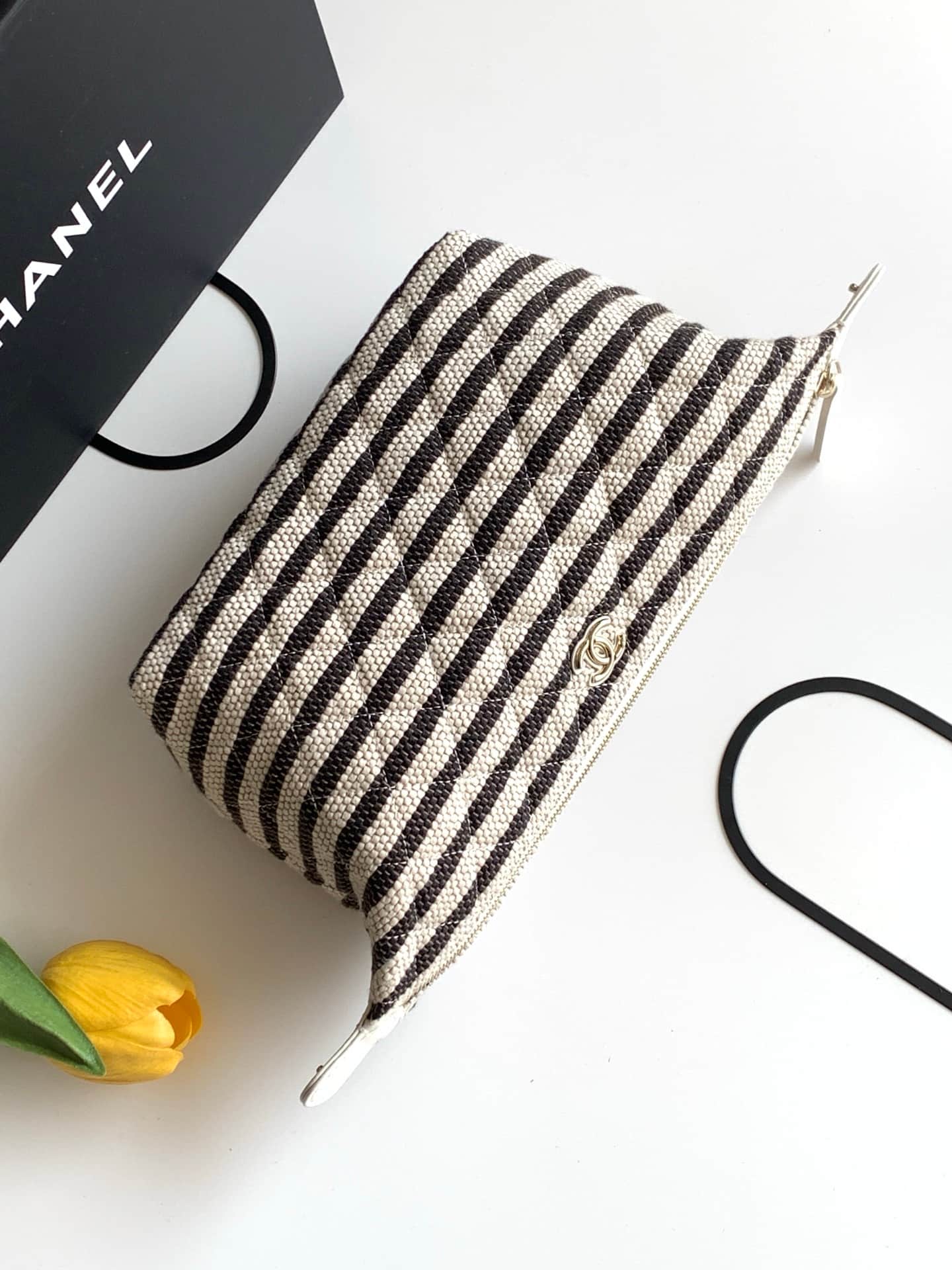 CHANEL Stripe Cosmetic Pouch Bag Printed fabric & Gold-Tone Metal Beige & Light Black AP4990 A