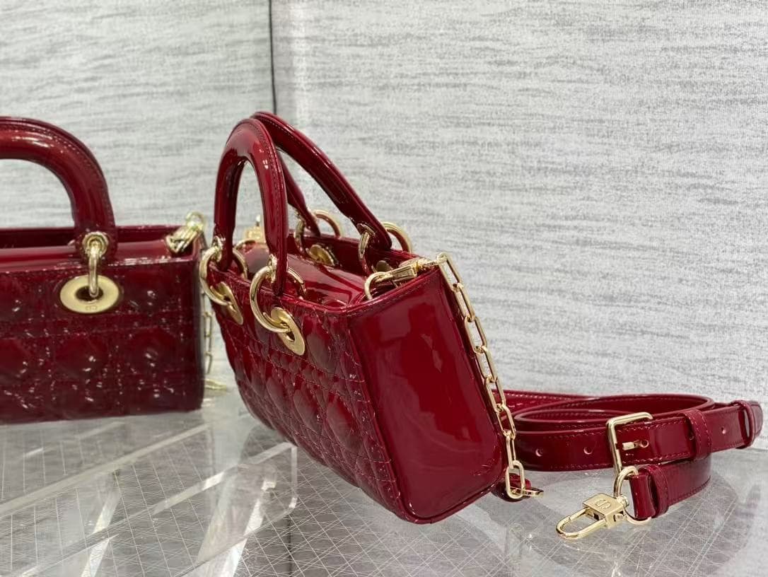 Small Lady D-Joy Bag Cherry Red Patent Cannage Calfskin High