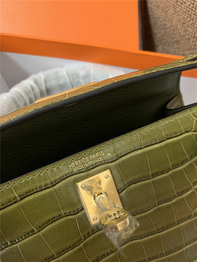 Hermes Kelly Mini II Bag Embossed Crocodile Leather WAX Silver/Gold Metal High Customizing style