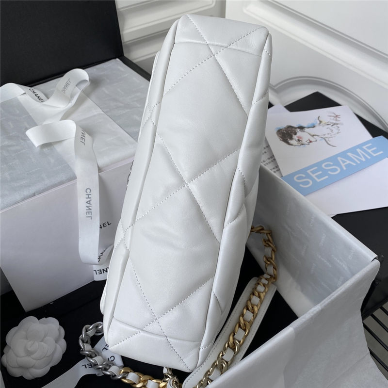 Large Chanel 19 Flap Bag Lambskin White Silver High
