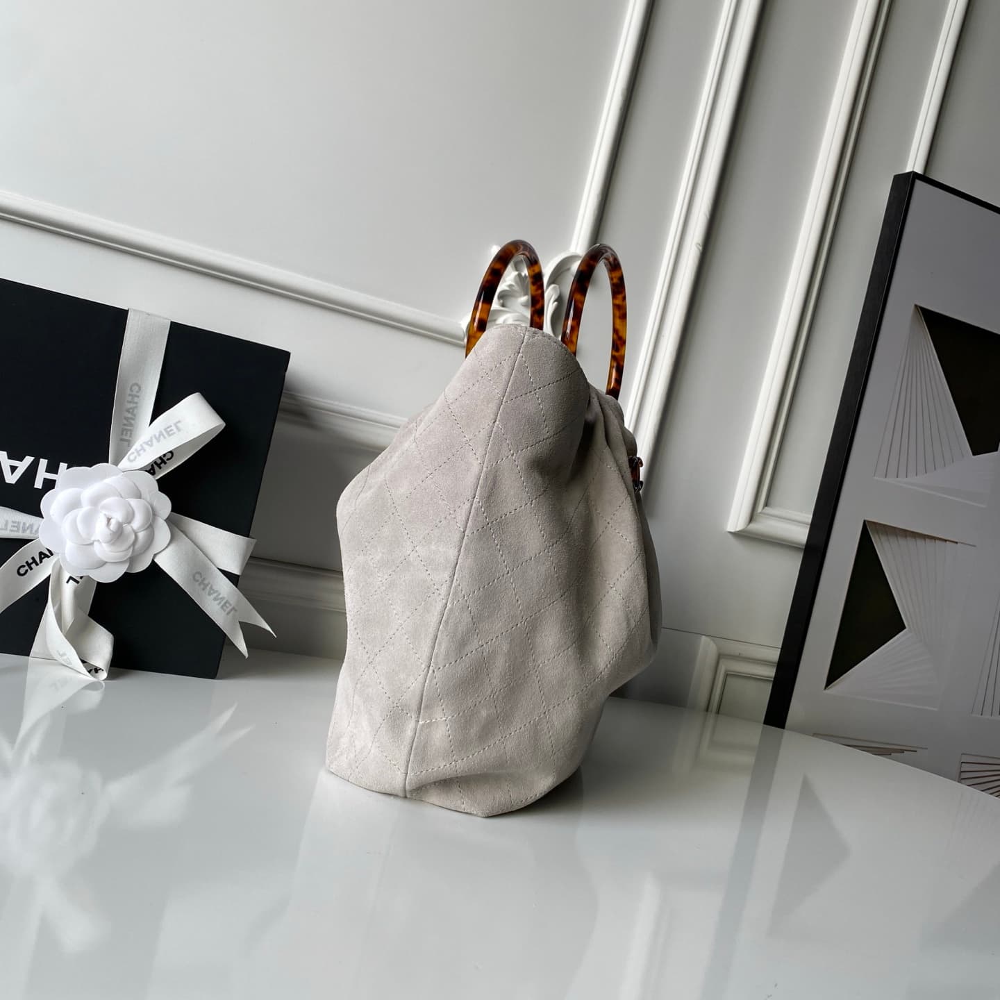 Chanel Medium Hobo Bag Suede Calfskin Turtoise-Shell Effect Plexi & Gold-Tone Metal Grey AS6010 High