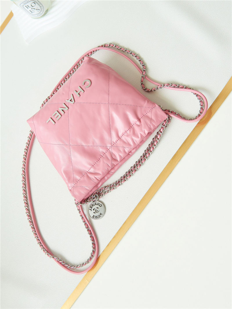 Chanel 22 MINI HANDBAG Shiny Calfskin Pink-Peach & Silver-Tone Metal AS3980 A
