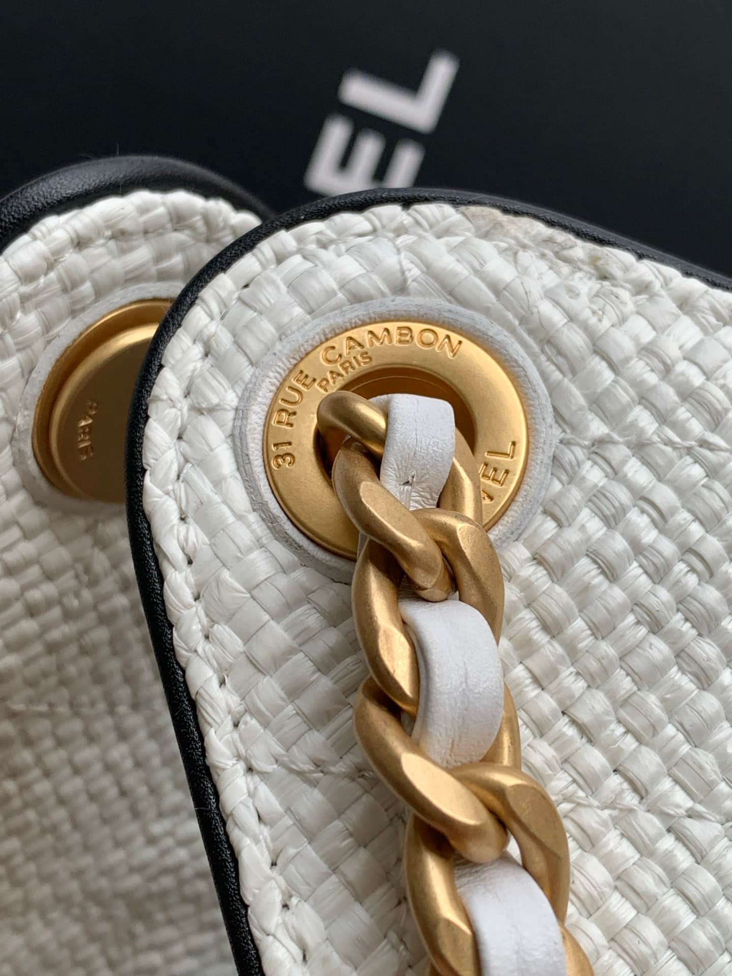 Chanel 25 Small Hobo handbag AS5293 Braided Raffia-Effect Canvas Calfskin & Gold-Tone Metal White & Black A