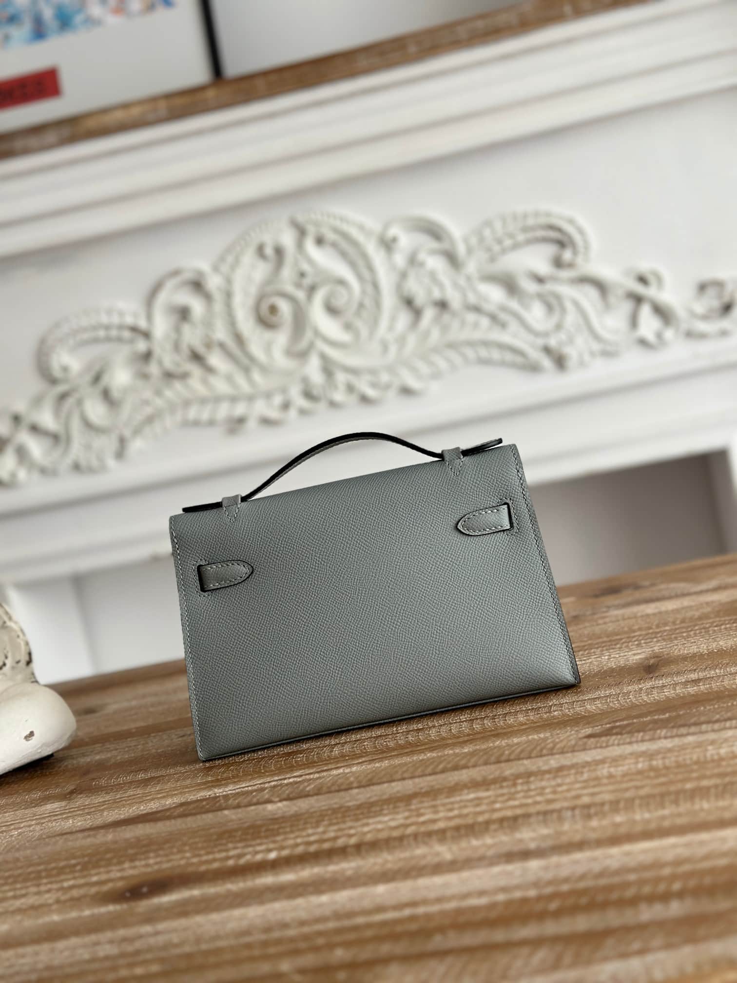 Hermes Kelly Pochette Bag Epsom Leather Silver/Gold Metal Gris Meyer WAX High