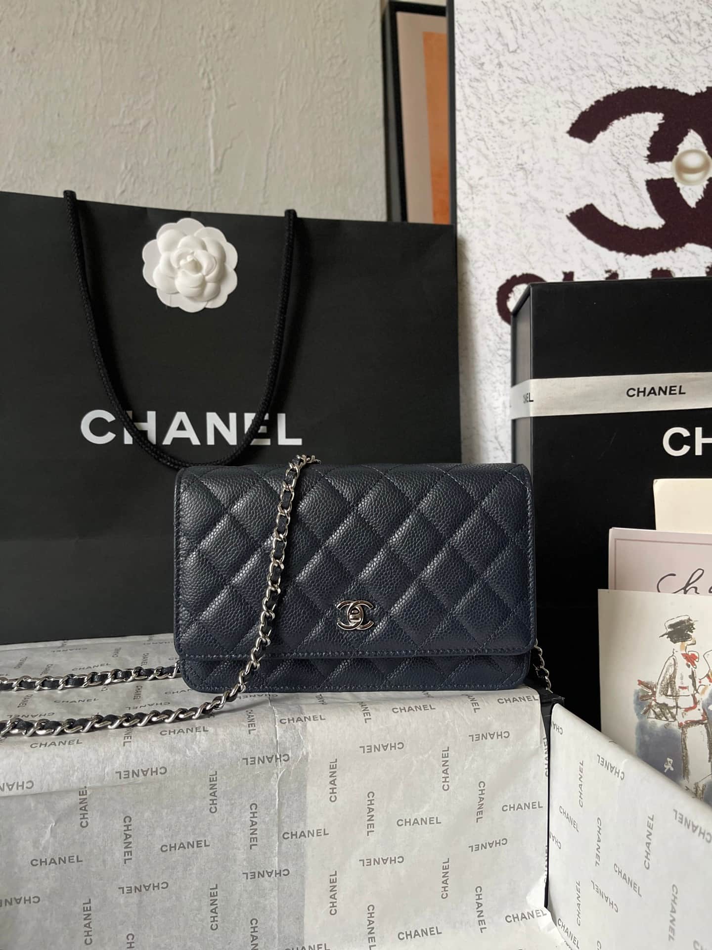 Chanel Classic Wallet on Chain Grained Shiny Calfskin & Silver-Tone Metal AP4241 Dark Blue A