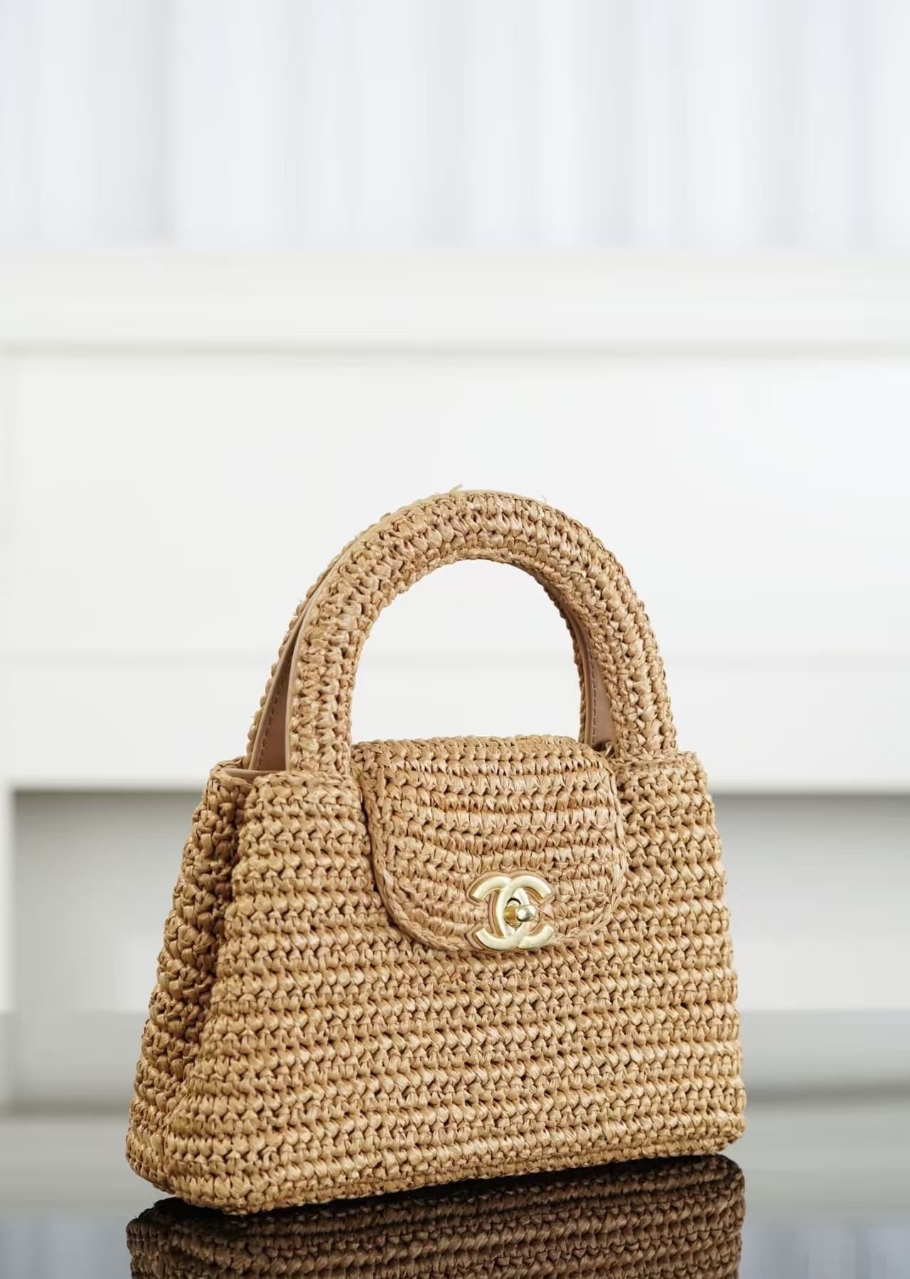 Chanel Mini Shopping Bag Braided Raffia & Gold-Tone Metal Dark Beige AS4416 TOP