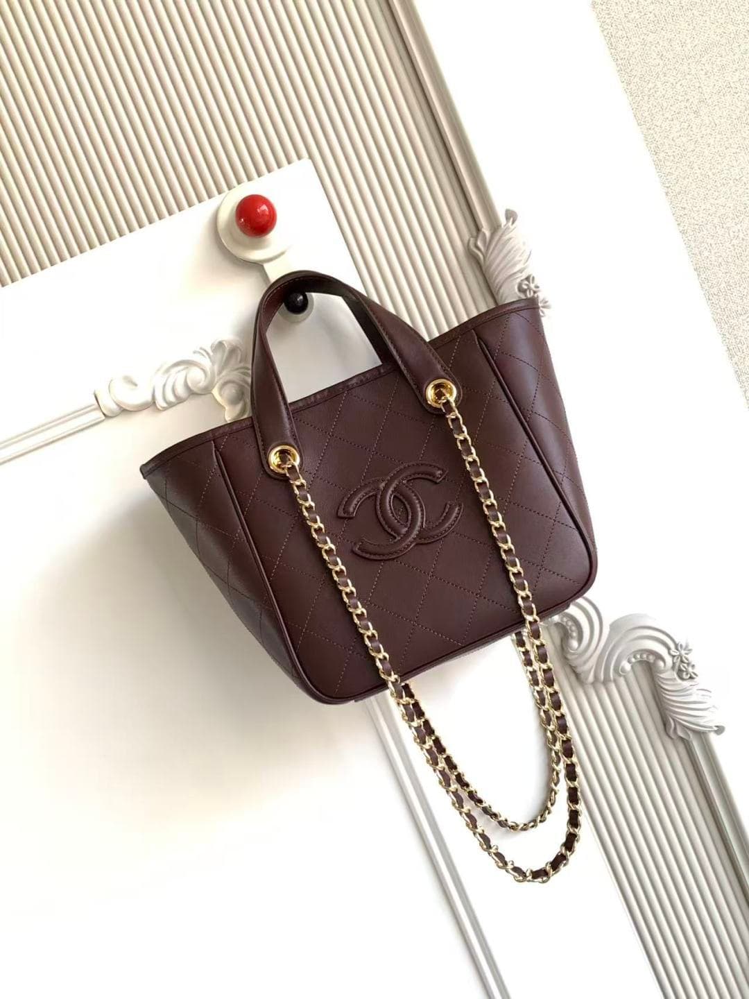 Chanel Mini Shopper Bag Calfskin and Gold-tone Metal Dark Brown AS6199 A