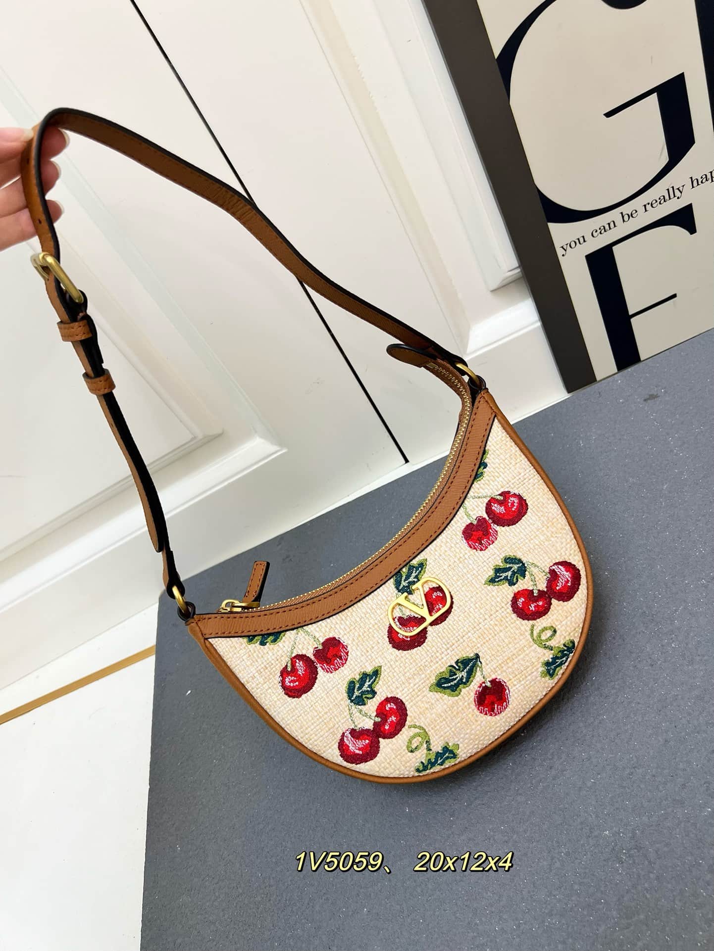 Valentino VLogo Signature Mini Hobo Bag In Jacquard Raffia With Cherryfic Pattern Mid
