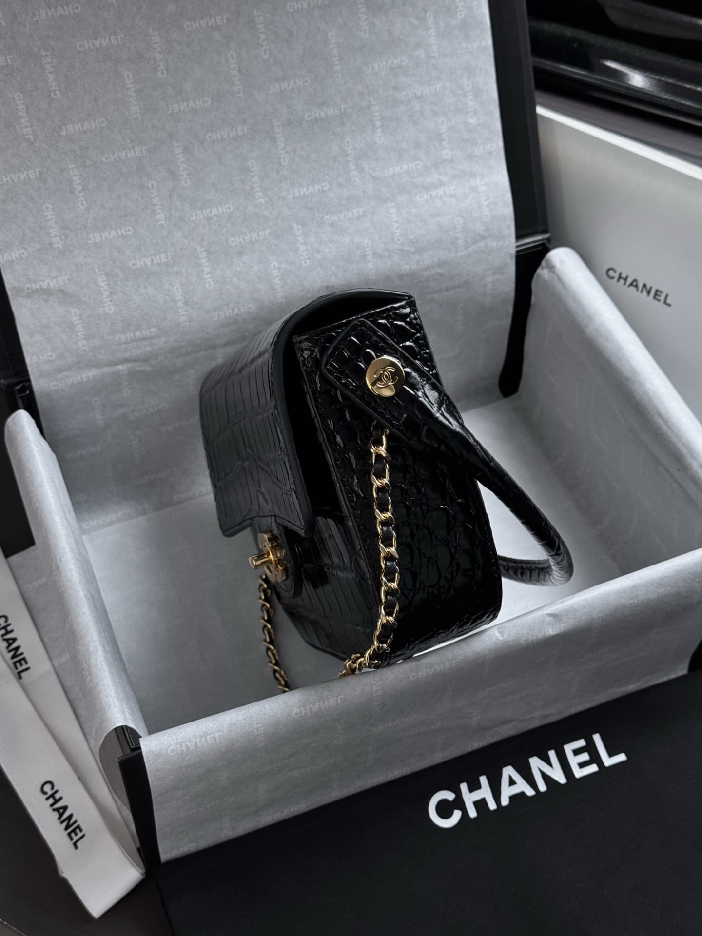 Chanel Mini Flap Bag with Top Handle Crocodile Embossed Calfskin & Gold-Tone Metal Black AS6424 A