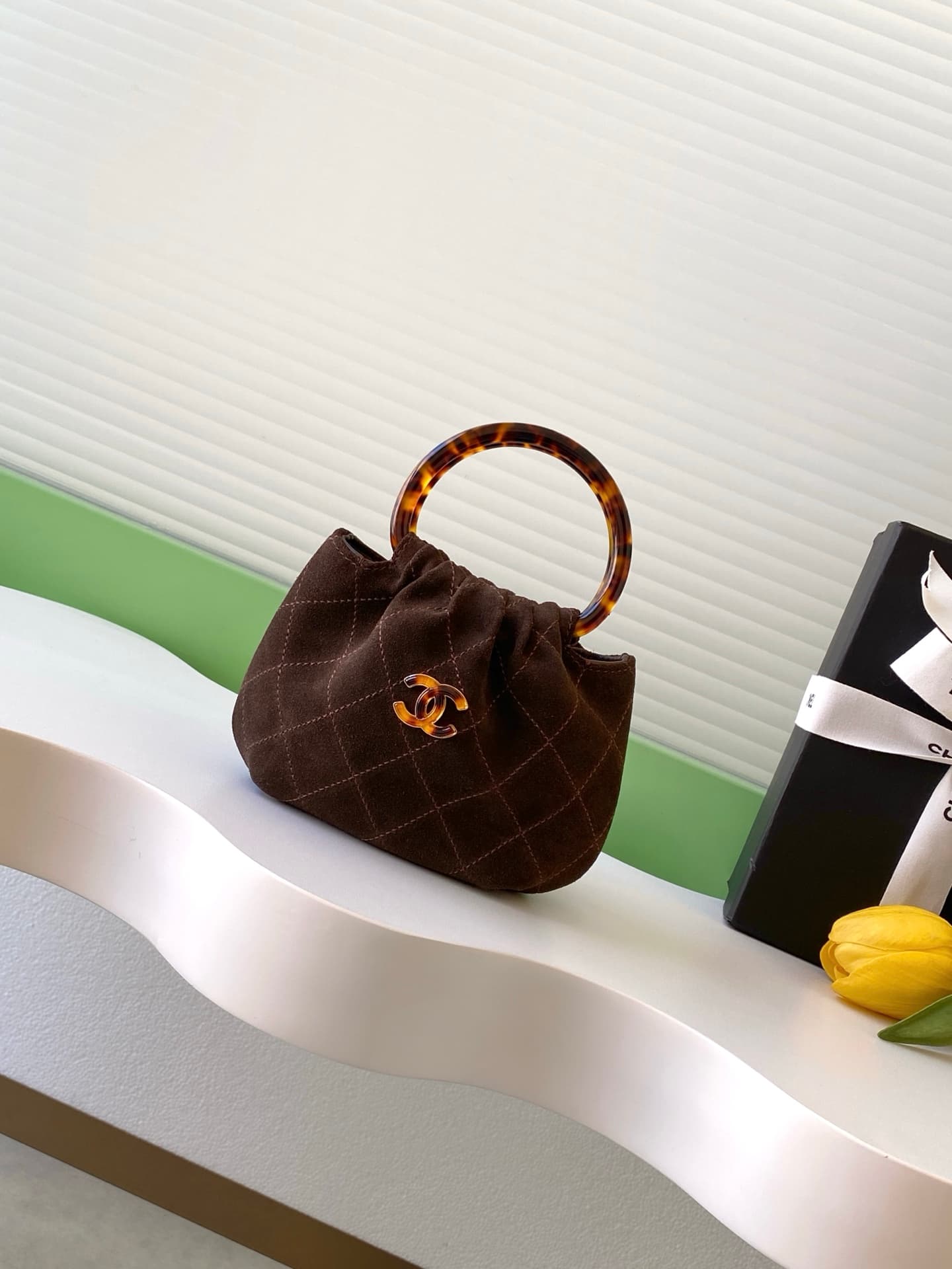 Chanel Mini Hobo Bag Suede Calfskin Turtoise-Shell Effect Plexi & Gold-Tone Metal Brown AS4981 High