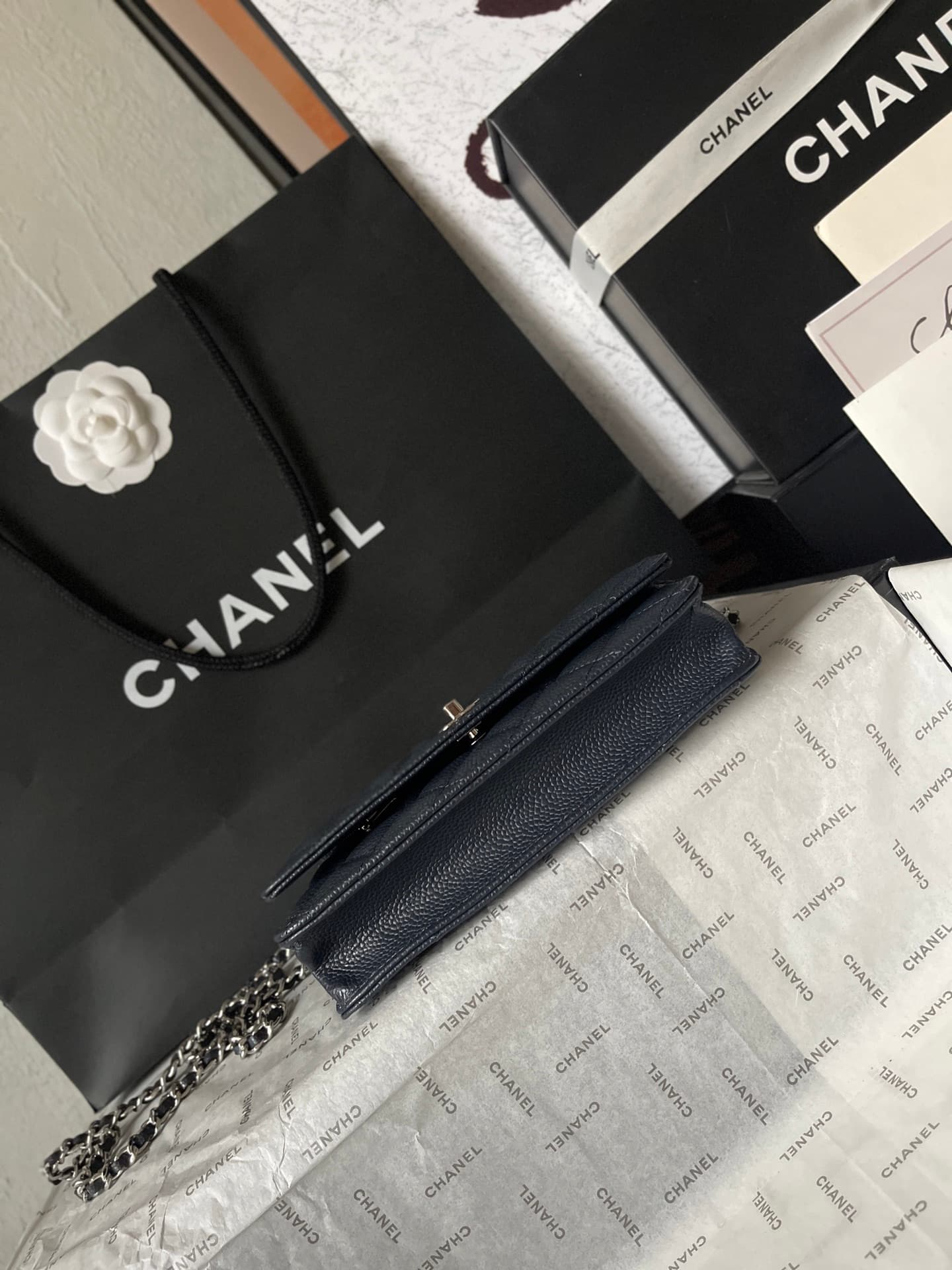 Chanel Classic Wallet on Chain Grained Shiny Calfskin & Silver-Tone Metal AP4241 Dark Blue A