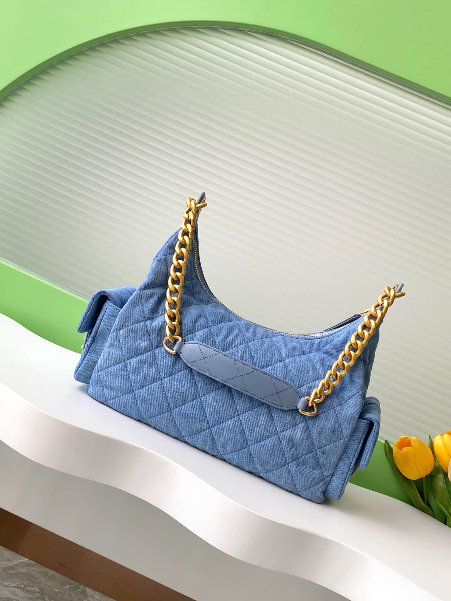 Chanel Trendy Pockets Hobo Bag Denim & Gold Metal Blue AS5302 A