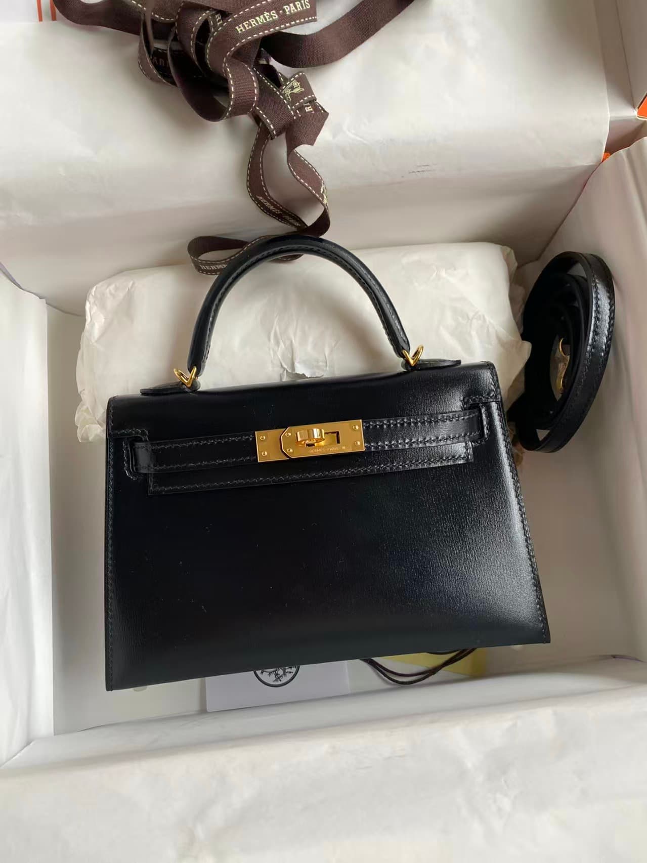 Hermes Kelly Mini II Bag Box Leather WAX Silver/Gold Metal Black High
