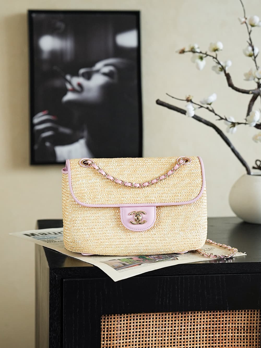 Chanel Coco Beach Small Flap Bag Braided Straw Lambskin & Gold-tone Metal AS6017 A