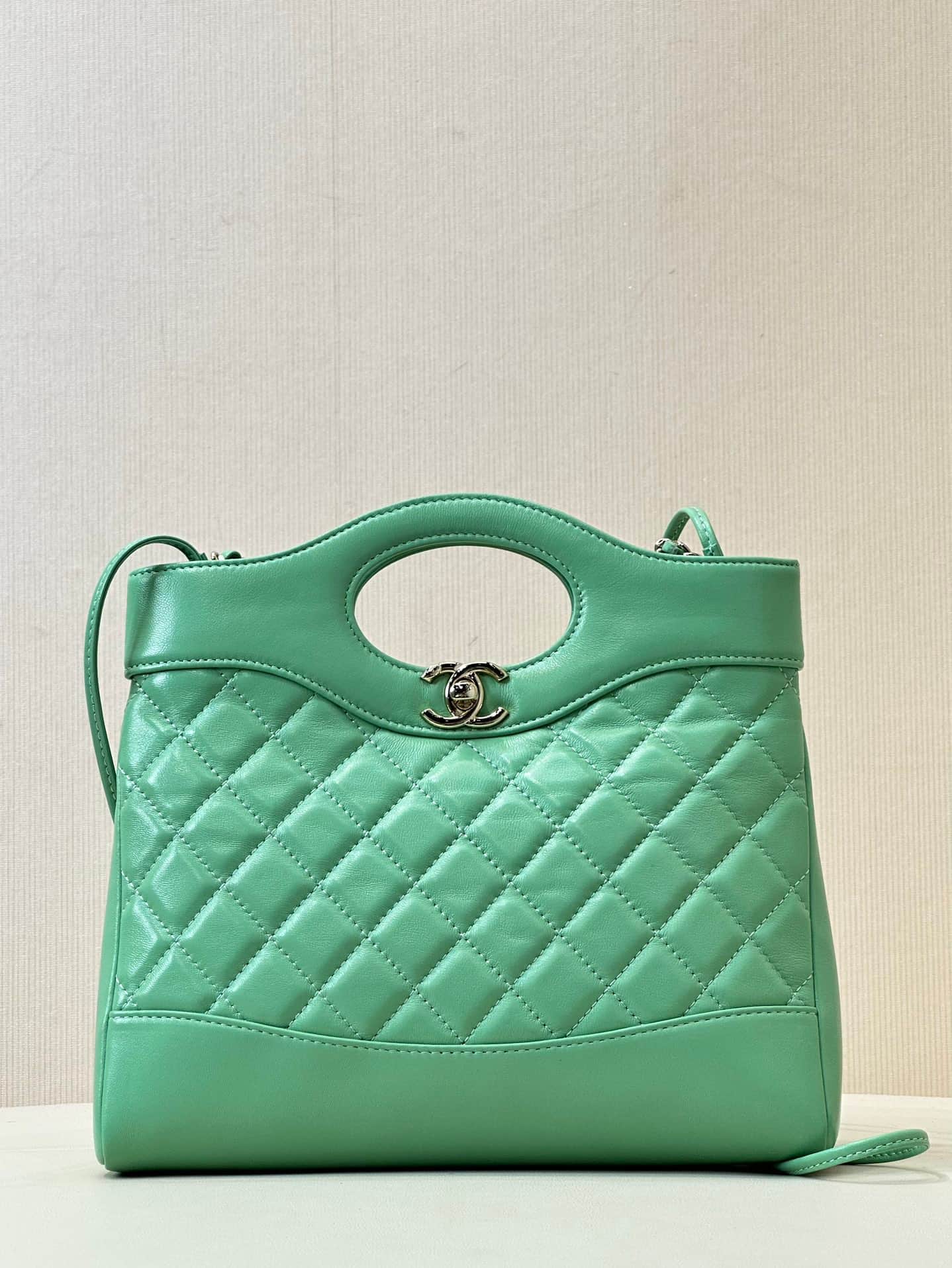 CHANEL 31 Mini Shopping Bag Shiny Calfskin & Gold-Tone Metal AS4133 Green TOP