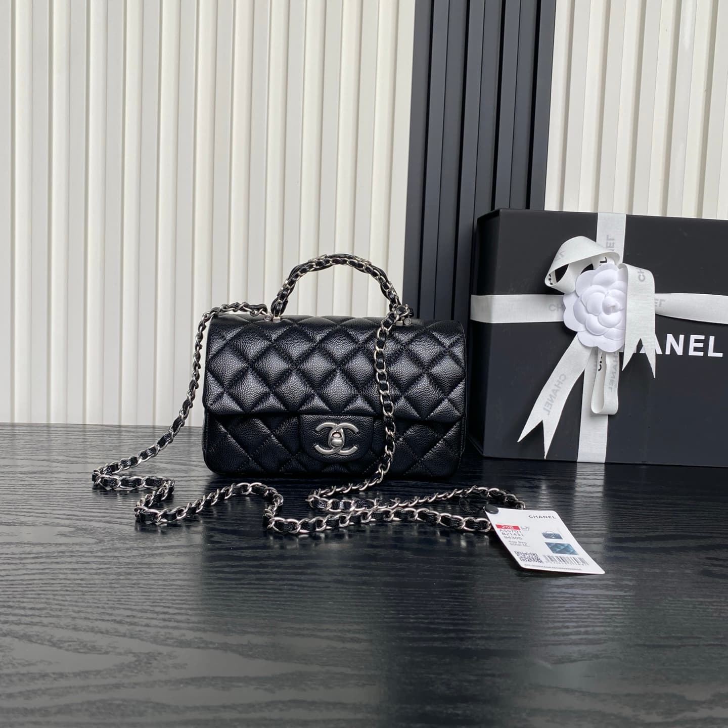 Chanel Mini Flap Bag with Top Handle Grained Shiny Calfskin & Silver-Tone Metal Black AS5702 A