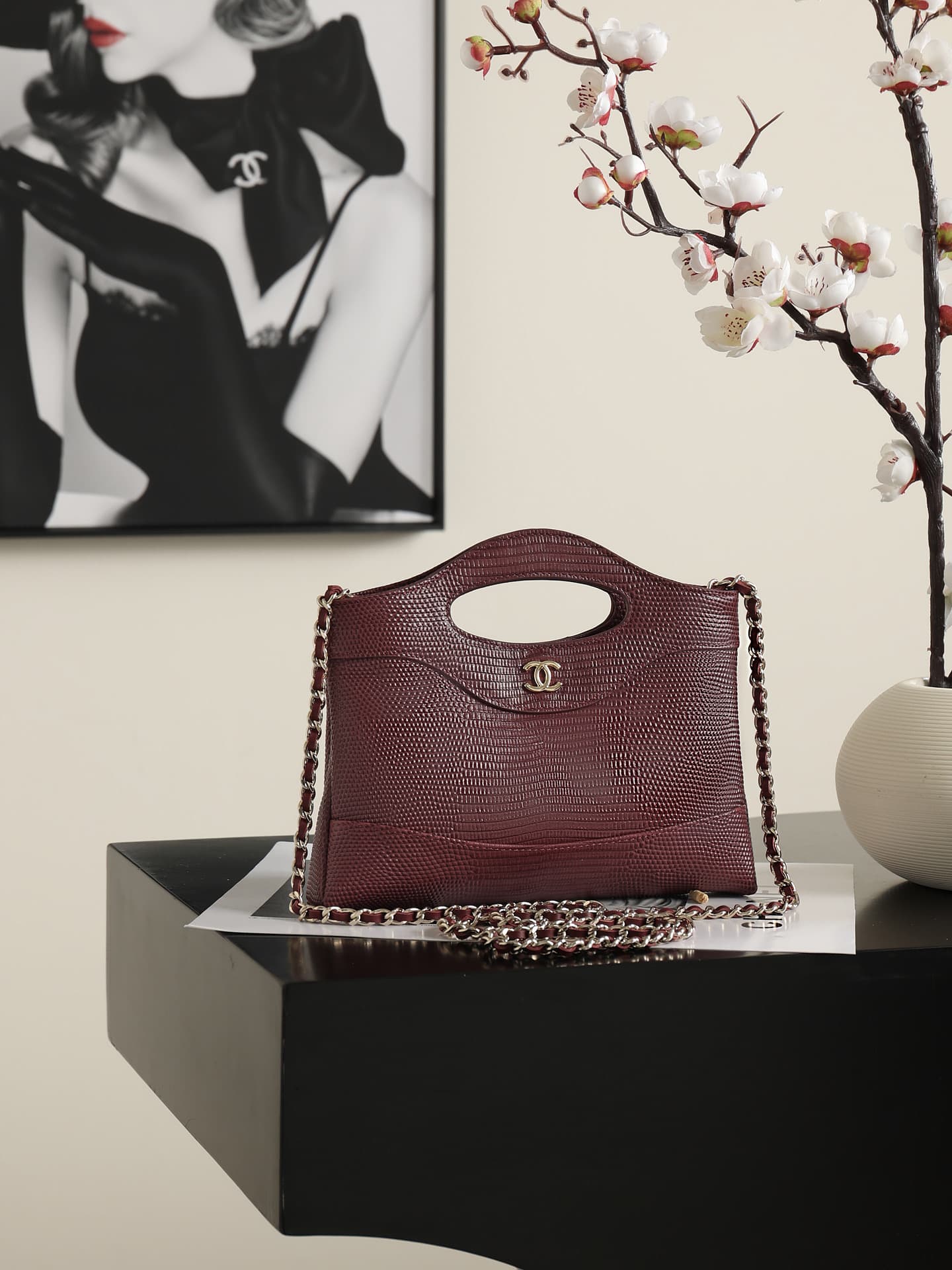 Chanel 31 Mini BAG Lizard-embossed Calfskin& Gold-Tone Metal AP3656 Dark Burgundy A