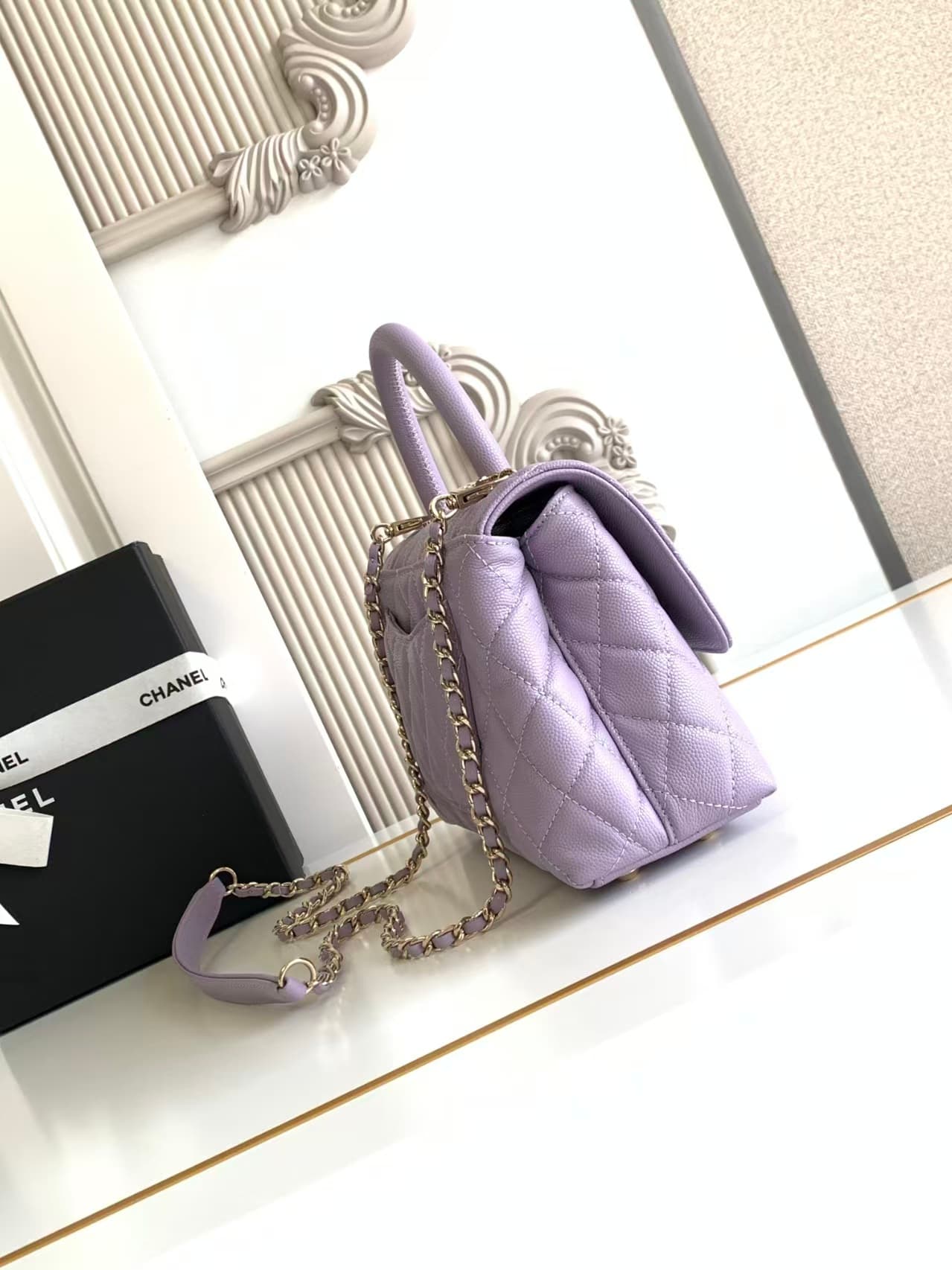 FLAP BAG WITH TOP HANDLE Grained Calfskin & Gold-Tone Metal A92990 Purple Binding A