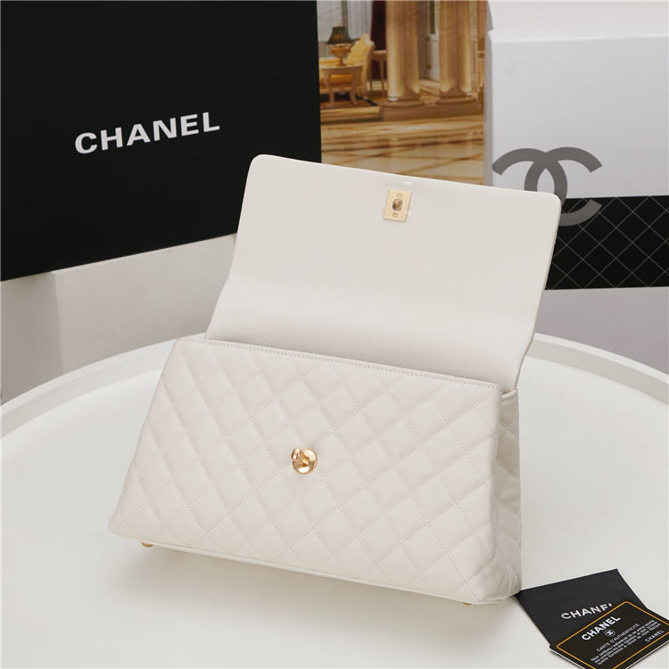 Medium FLAP BAG WITH TOP HANDLE Grained Calfskin Gold Metal High