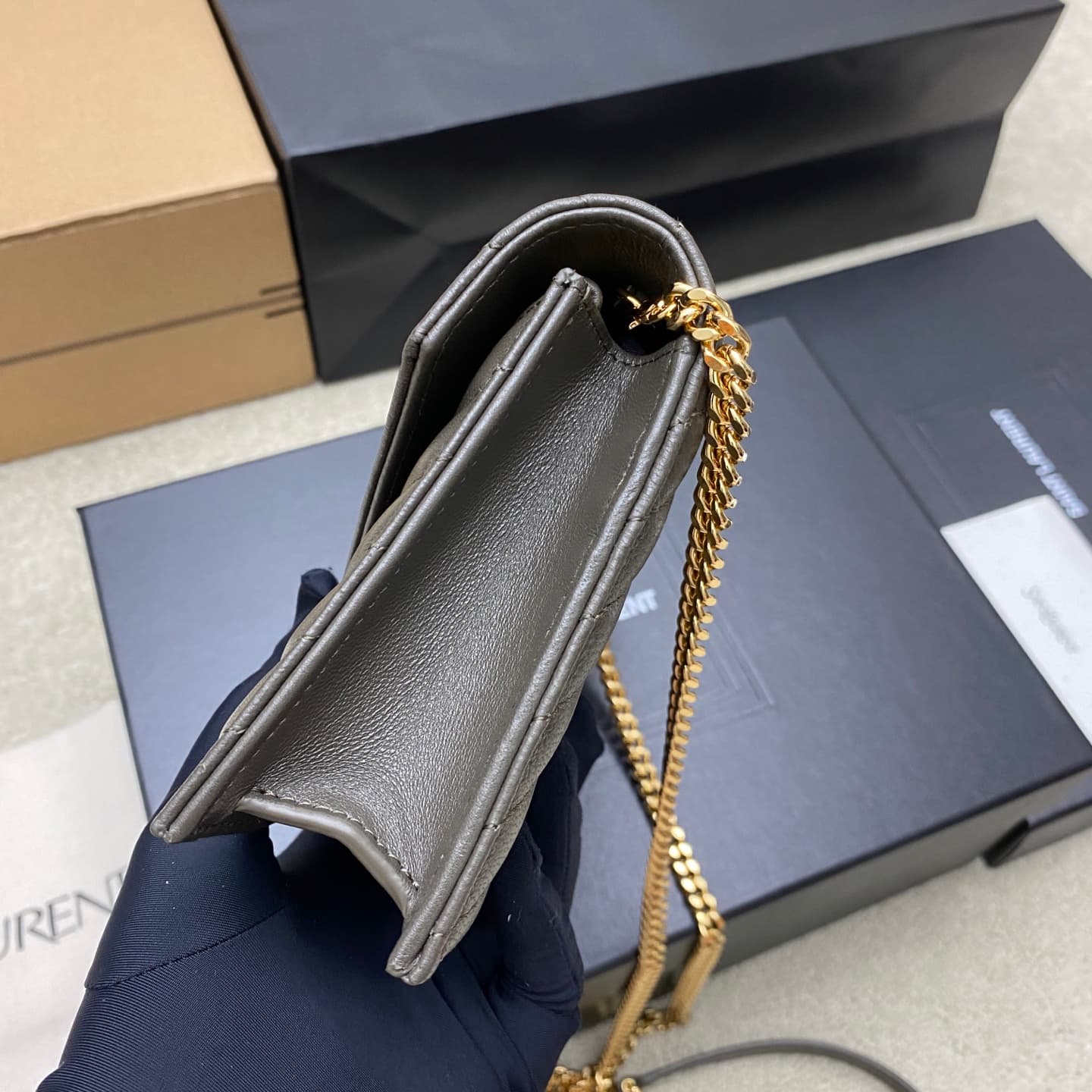 Saint Laurent Monogram Matelassé Cassandre Wallet on Chain Green Lambskin 393953 High