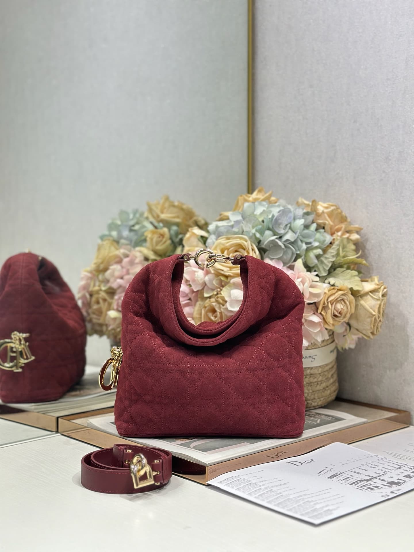 Dior Quilting Suede Handbag Burgundy High