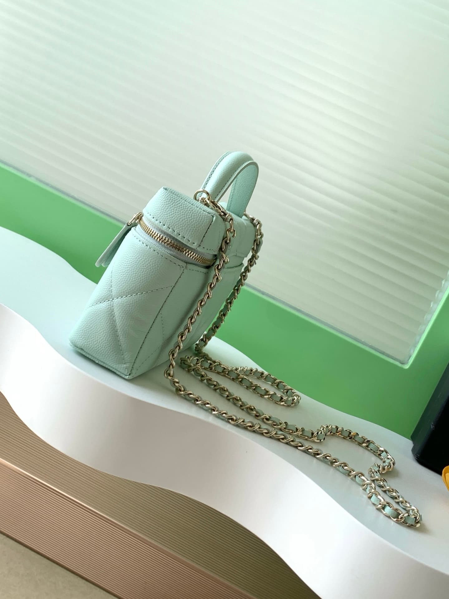 Chanel Vanity with Chain Grained Shiny Calfskin & Gold-Tone Metal Light Green AP4936 A