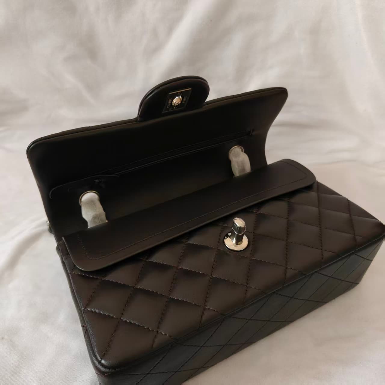 Chanel Small CLASSIC HANDBAG Lambskin Silver Metal Deep Brown A